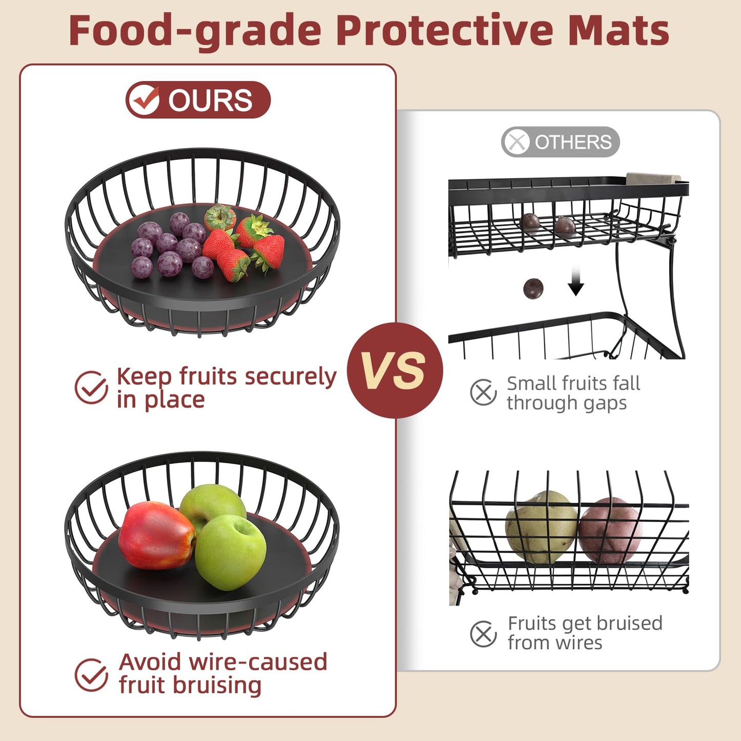Sevenblue 2 Tier 2026 Large Fruit Basket for Kitchen Counter with 2 Banana Hangers, Detachable Metal Fruit Bowl, Stackable Fruit Holder for Bread Snack Veggies, Black Extra Large