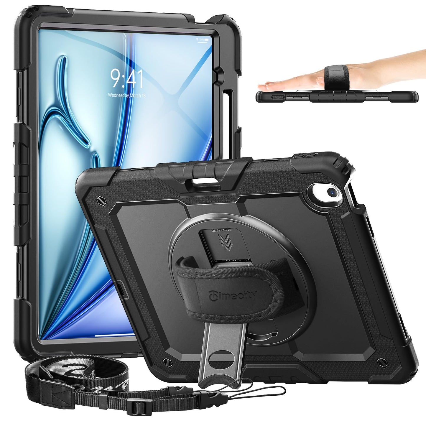Timecity Case for iPad Air 13 Inch 2024/2025(M2/M3) with Screen Protector/360° Rotating Stand/Soft Hand Strap/Pencil Holder Should Strap Shockproof for iPad Air 13" -Black