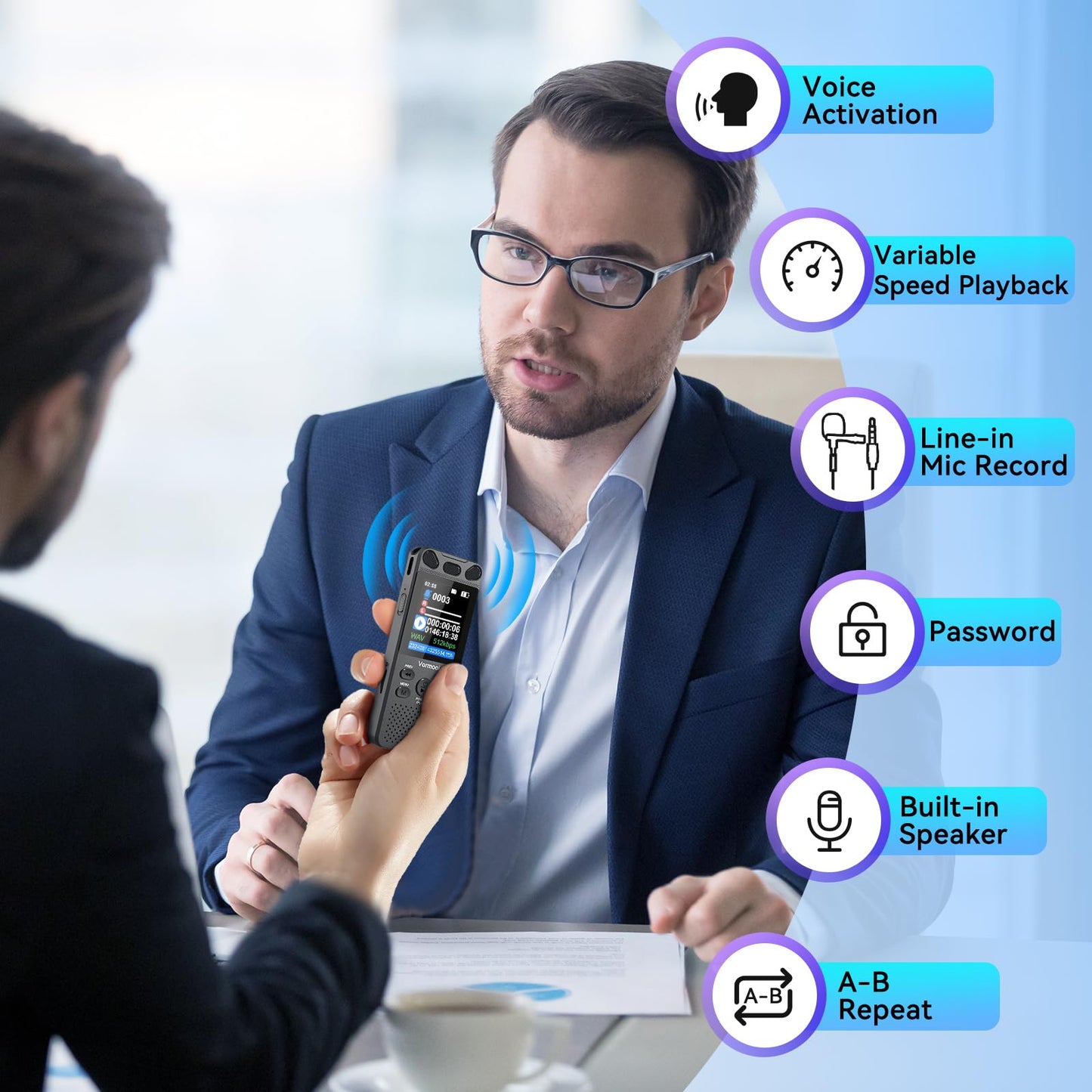 96GB Voice Recorder with Playback - 110 Hours Ultra-Long Continuous Recording, Vormooi 1536Kbps Voice Activated Audio Recorder with External Microphone for Lecture Interview Meeting