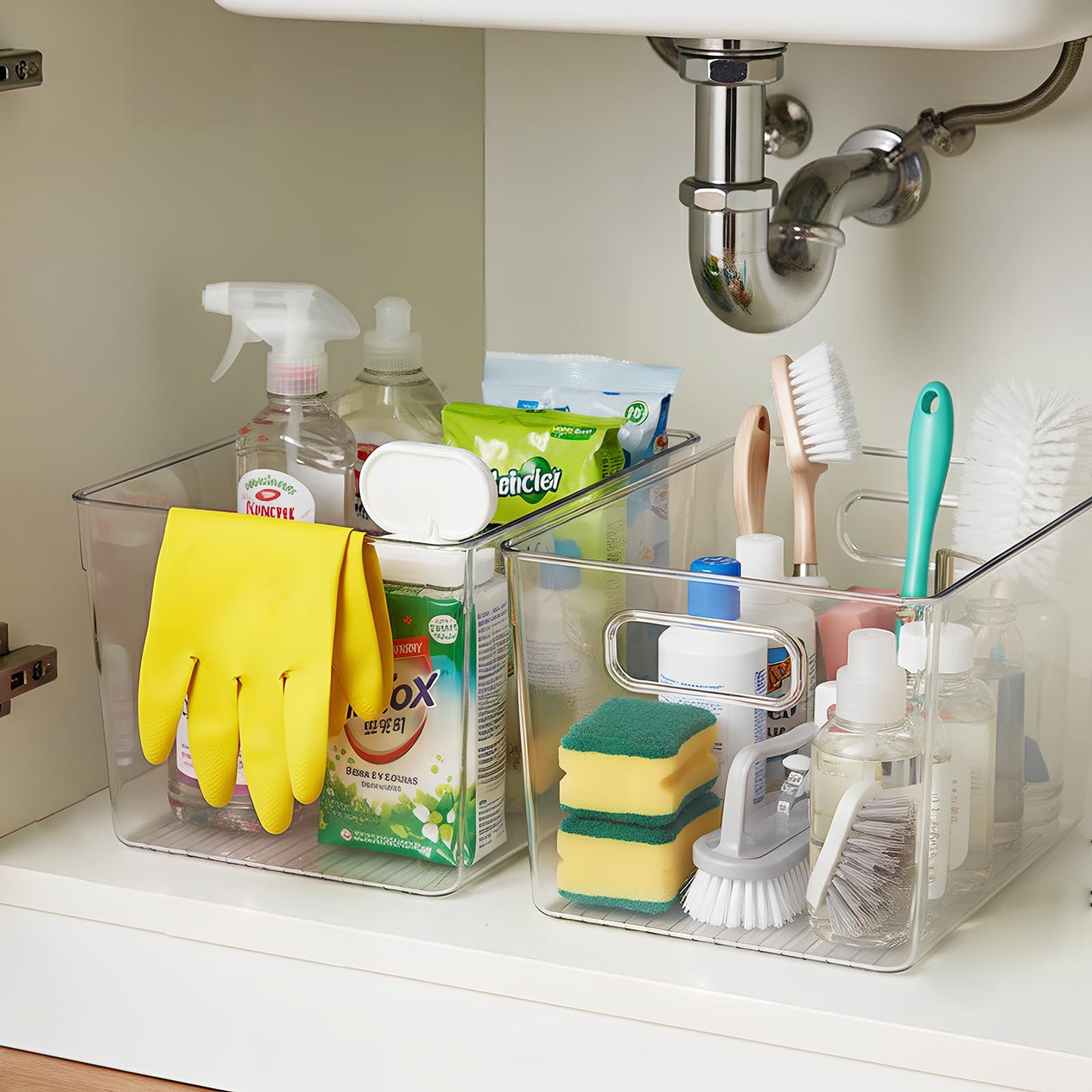 KJIXYUNG Clear Plastic Storage Bins, Pantry Organizers & Storage Containers, Cabinet Organizer, Home Organization Must Haves for Kitchen, Laundry Room, Office, Closet & Freezer (6 Pack with Lids)