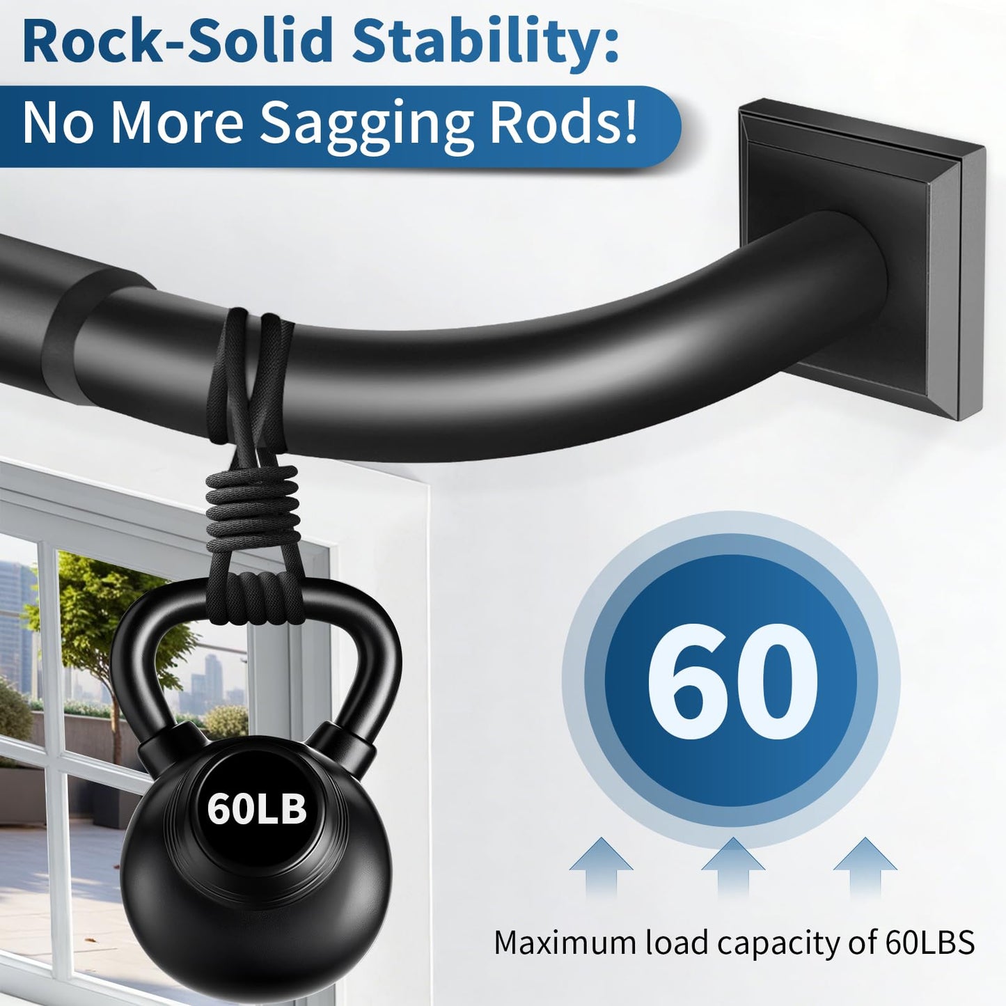 Black Curtain Rods for Windows 48-90Inch(4-7.5ft）Heavy Duty Wrap Around Blackout Curtain Rods,Adjustable Room Darkening Drapery Rod for Bedroom, Living Room, Sliding Door & Outdoor Patio