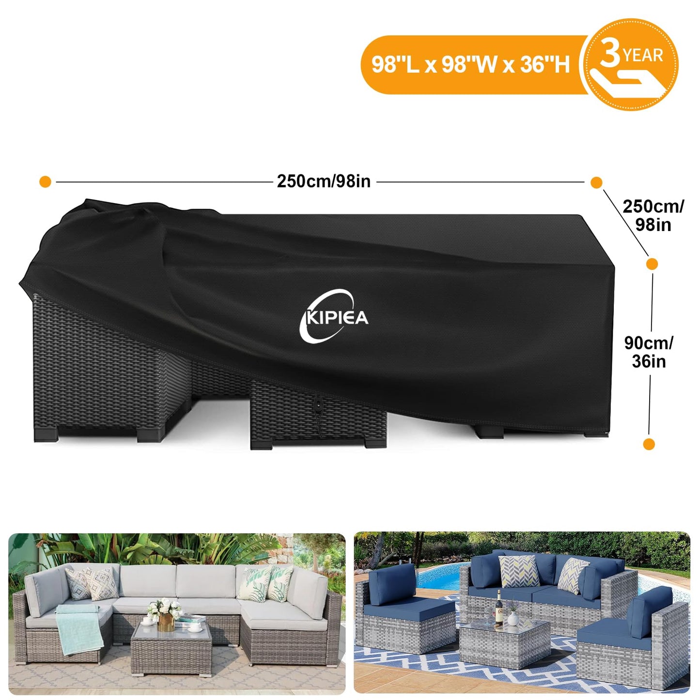 Kipiea 600D Patio Furniture Covers Waterproof Winter, Outdoor Furniture Set Covers for Table Chairs, Heavy-Duty Outdoor Sofa Covers with Anti UV and No Tears, No Fading (98" L x 98" W x 36" H)