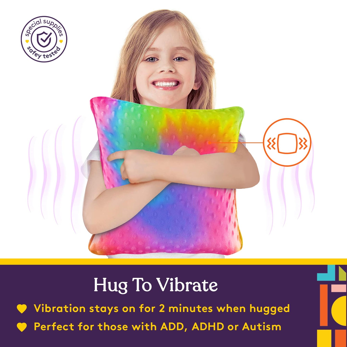 Special Supplies Vibrating Pillow Sensory Pressure Activated for Kids and Adults, 12” x 12” Plush Minky Soft Cover, Colorful - Hug to Vibrate
