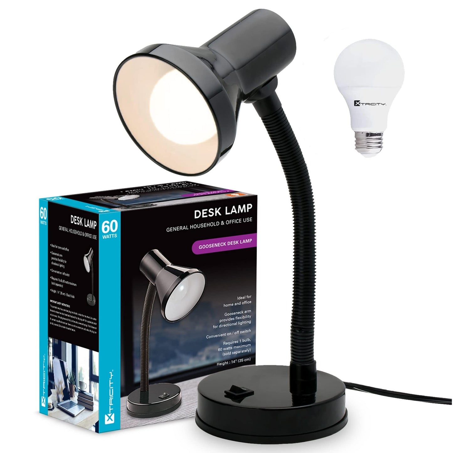 Xtricity LED Desk Light, 360° Adjustable Gooseneck, Home and Office Lamp with 7W A19 Bulb, 120V, On/Off Switch, 14” Height - Reading Lamps for Bedside Table, College Dorm (Black Finish)