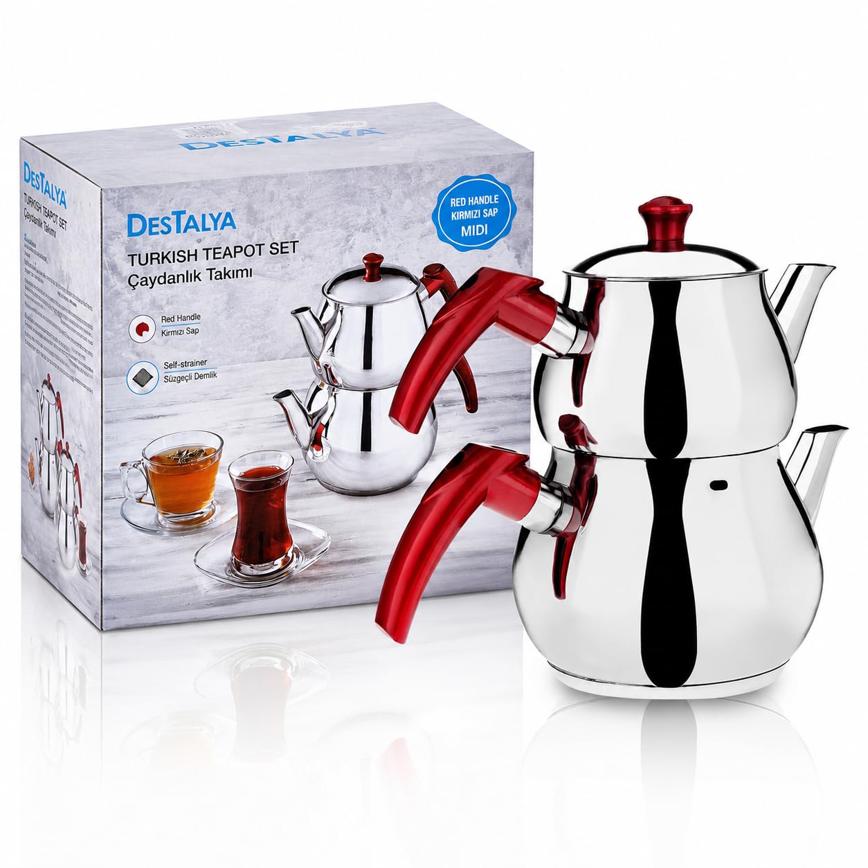 Turkish Teapot Set Stainless Steel Tea Maker for Stovetop | Double Tea Pot with Strainer | Samovar Style Tea Kettle Water Heater (Mini with Red Handles)