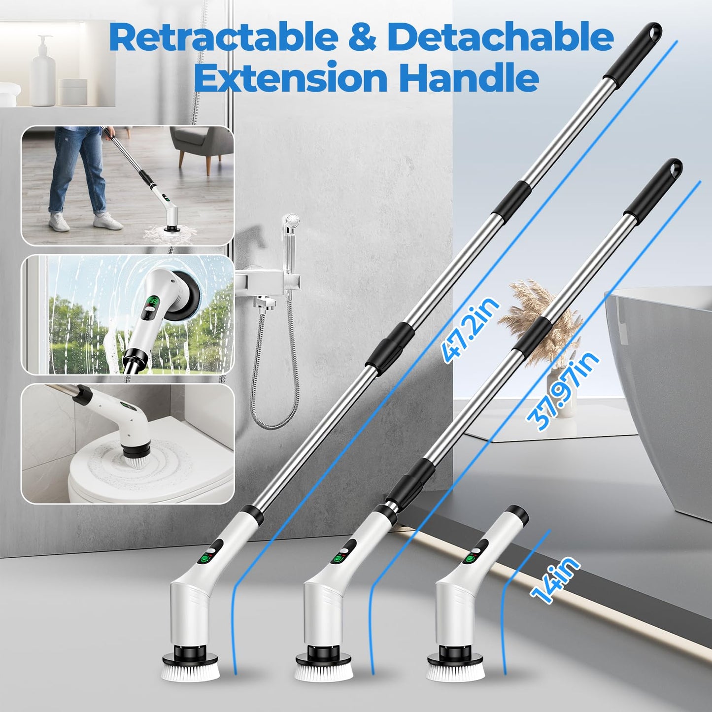 Electric Spin Scrubber, Cordless Cleaning Brush with Adjustable Extension Handle and 9 Replaceable Brush Heads, USB Rechargeable Electric Spin Scrubber for Bathroom