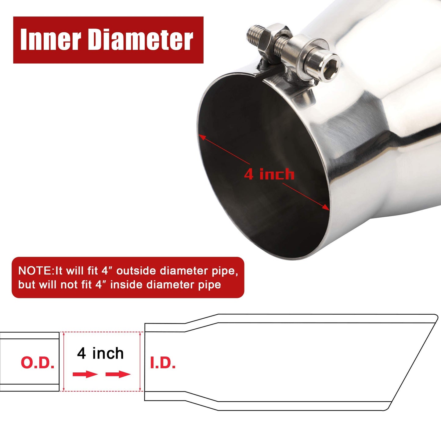 4 Inch Inlet Chrome Exhaust Tip, 4" x 6" x 12" Clamp On Design Universal Stainless Steel Diesel Exhaust Tailpipe Tip.