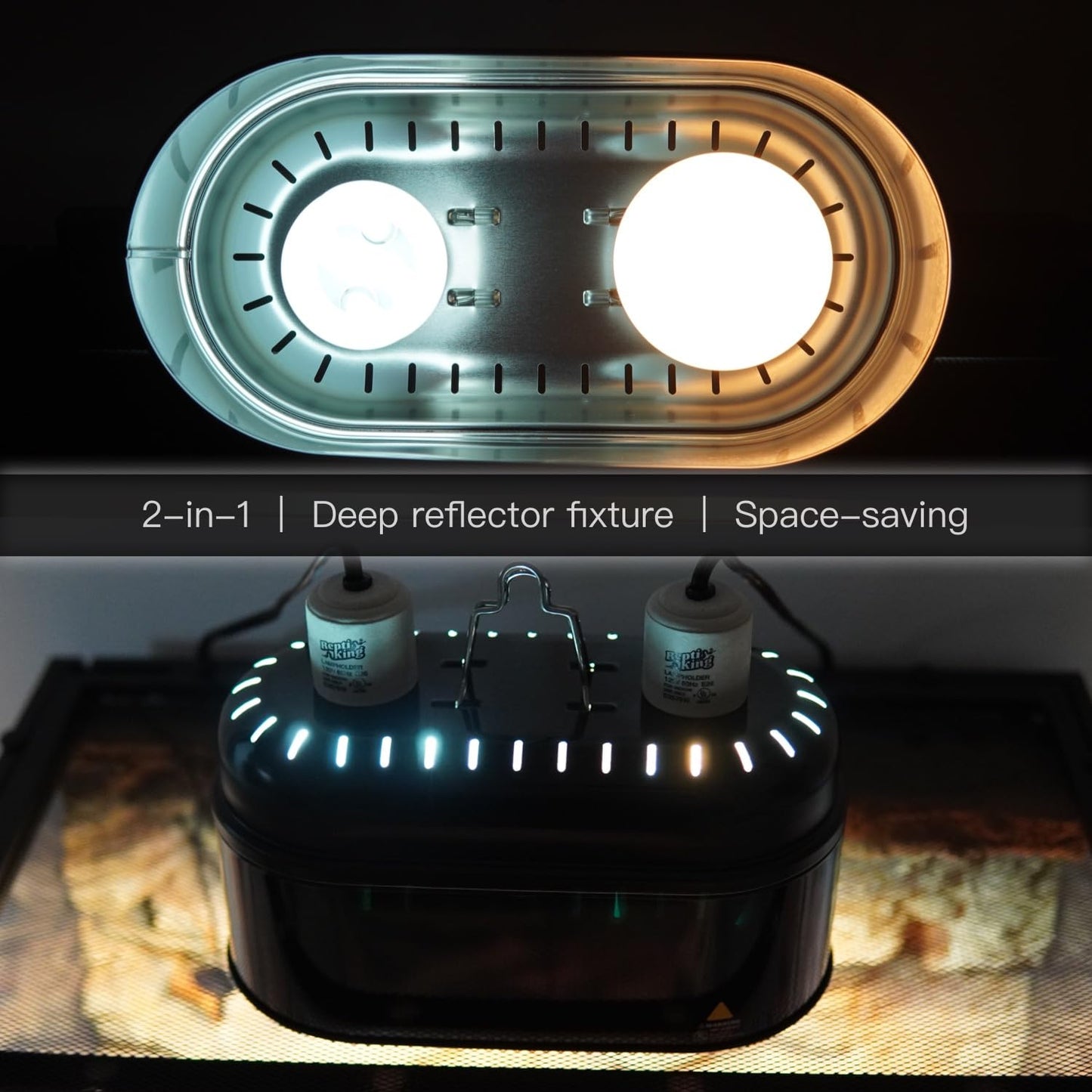 ReptiKing Reptile Dual Light Fixture, Double Deep Dome for Reptile Light/Heat Lamp/UVB Light, Snap-on Lamp Fixture Holder for Beared Dragon/Snake/Turtle/Lizard Tank Accessories