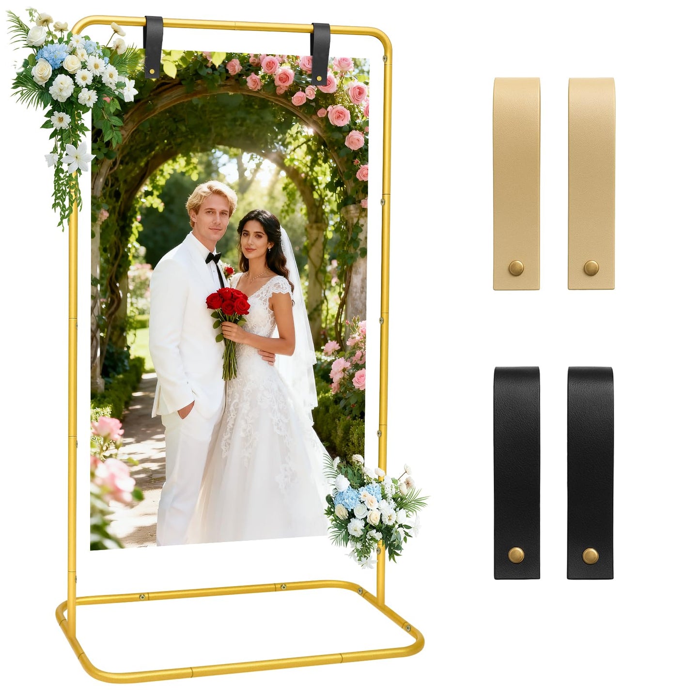 Wedding Sign Holder, Adjustable Welcome to Our Wedding Sign Stand Leather Sign Hanging Straps,Gold Easel Stand for Sign Poster With Design Bundle & Ground Stakes & Leather Sign Hanging Straps, Linen Sign Stand for Wedding Decor