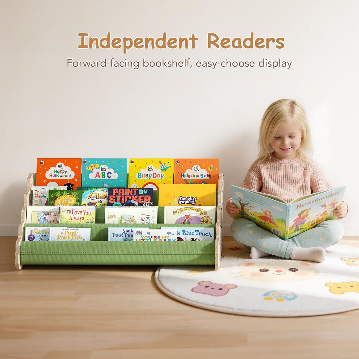 LAMU Bookshelf Kids, 4 Tier Portable Toddler Bookshelf, Solid Wood Kids Book Shelf for Nursery & Playroom, Cute Dinosaur Design Montessori Book Shelf, Toddler Book Display Shelves