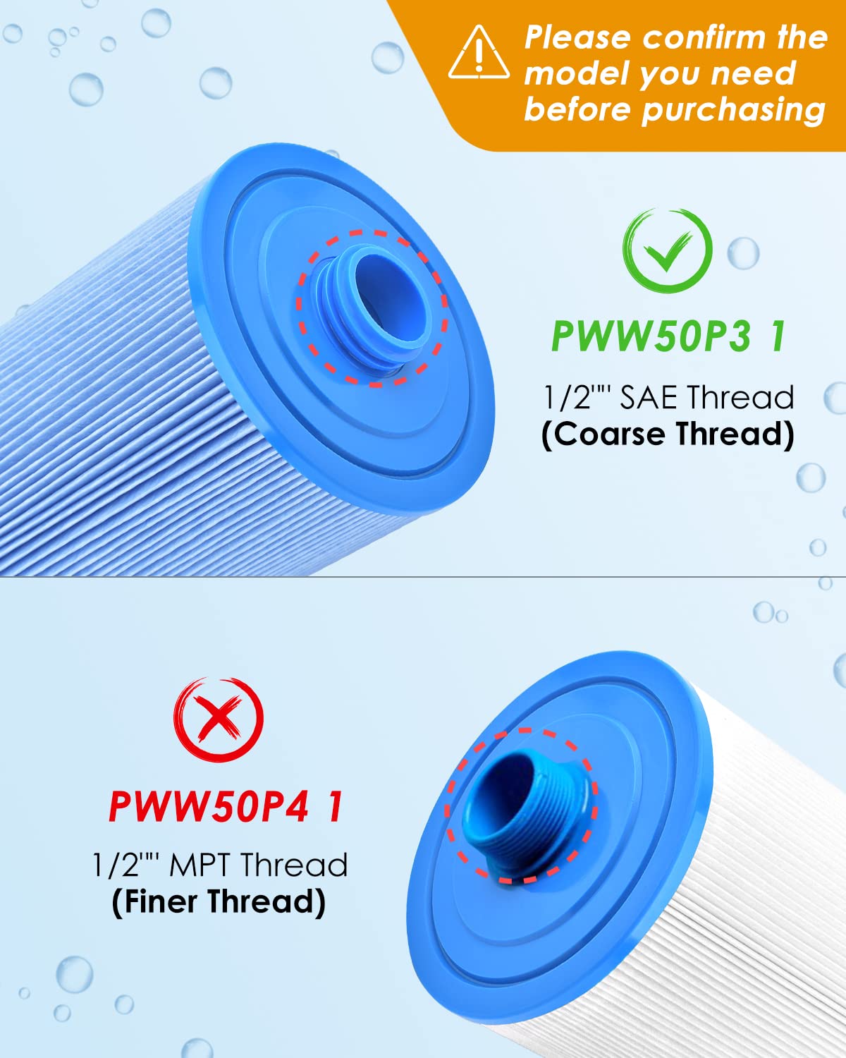 Spa Filter Replacement for Unicel 6CH-940, 2 Pack Spa Hot Tub Filter Compatible with Pleatco PWW50P3(NOT PWW50P4), Filbur FC-0359, Waterways 817-0050, 1 1/2" SAE Thread Screw in Filter
