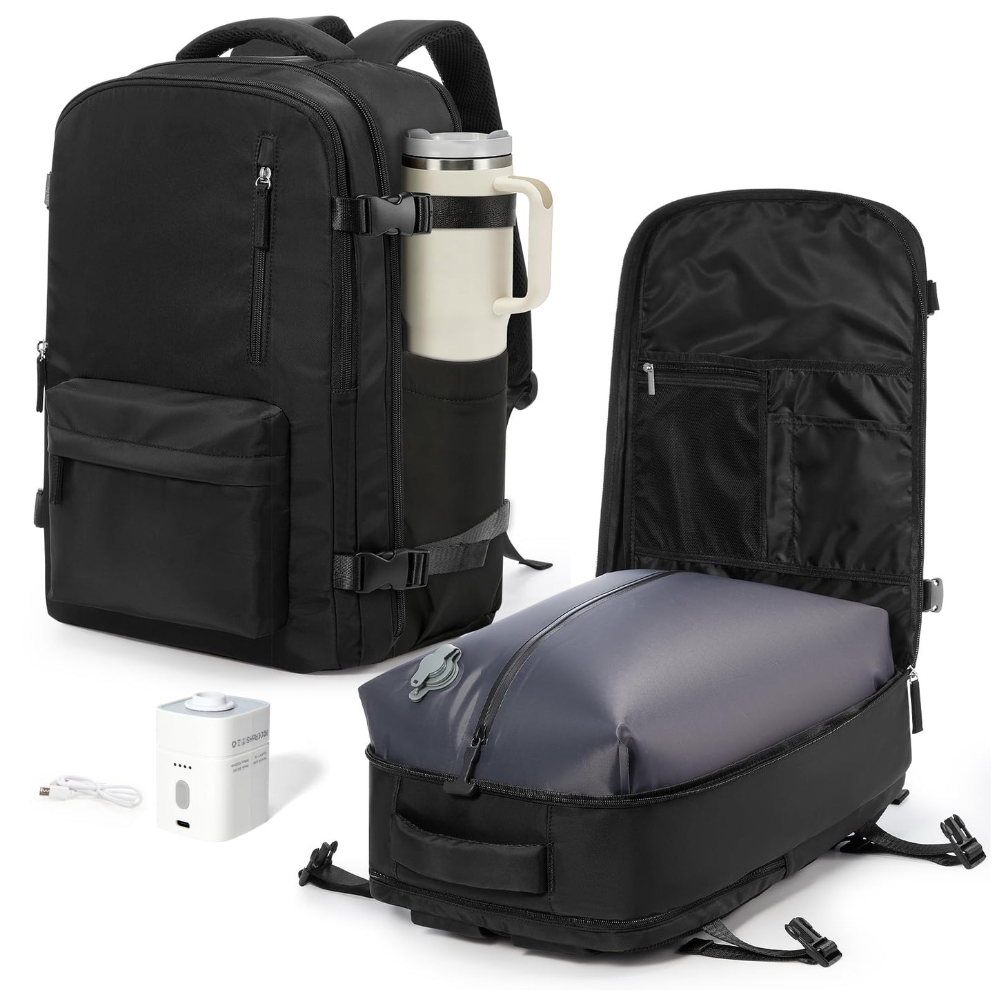 VGCUB Vacuum Backpack Travel with Pump Compression Travel Backpack with Vacuum System Weekender Personal Item Bags for Women Men Carry on Luggage for Airplanes Waterproof Black