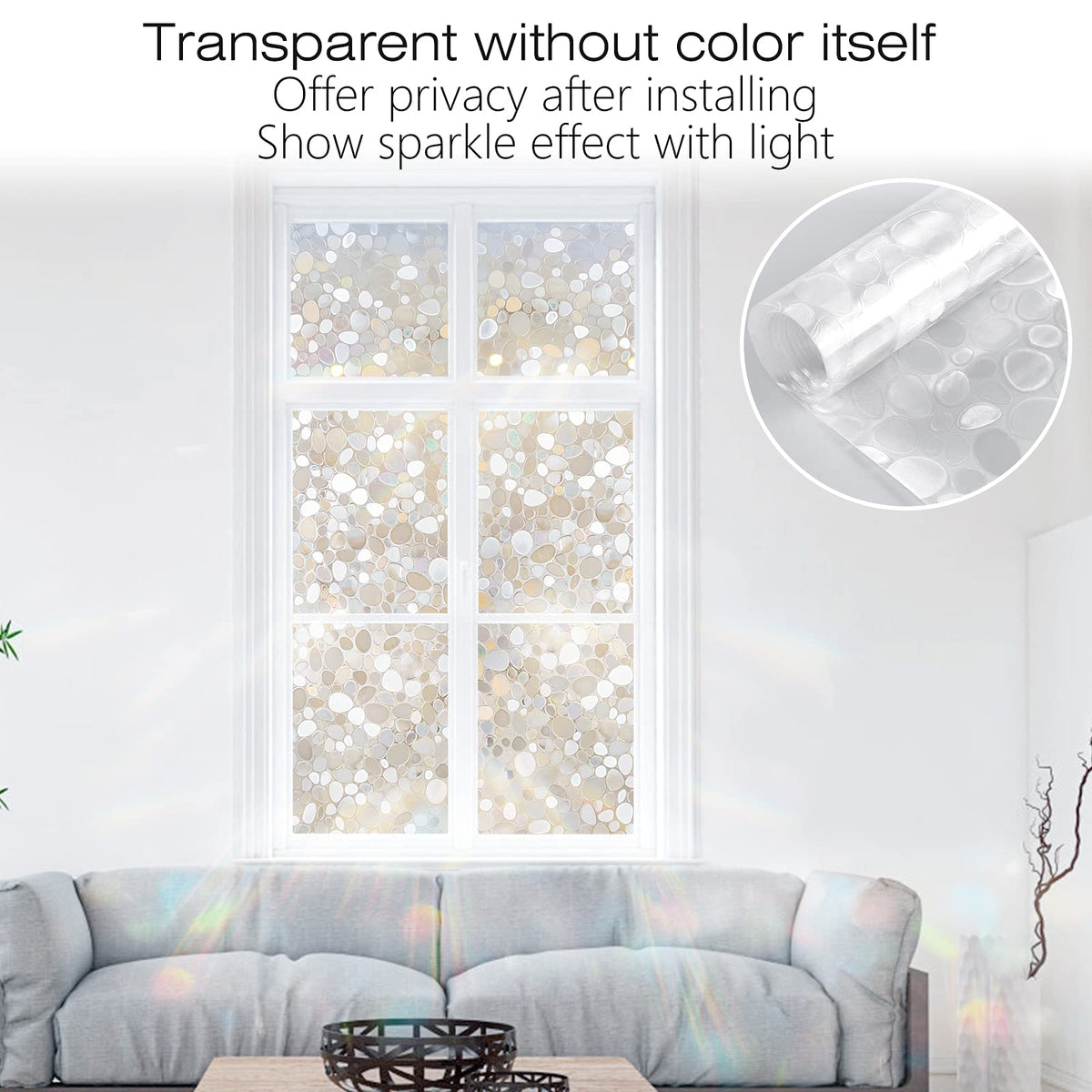 rabbitgoo Window Films for Privacy, Anti-UV Static Cling Decorative Glass Stickers, Removable Frosted Window Film, Privacy Glass Tint for Home Bathroom Door, 3D Pebble, 60x200cm