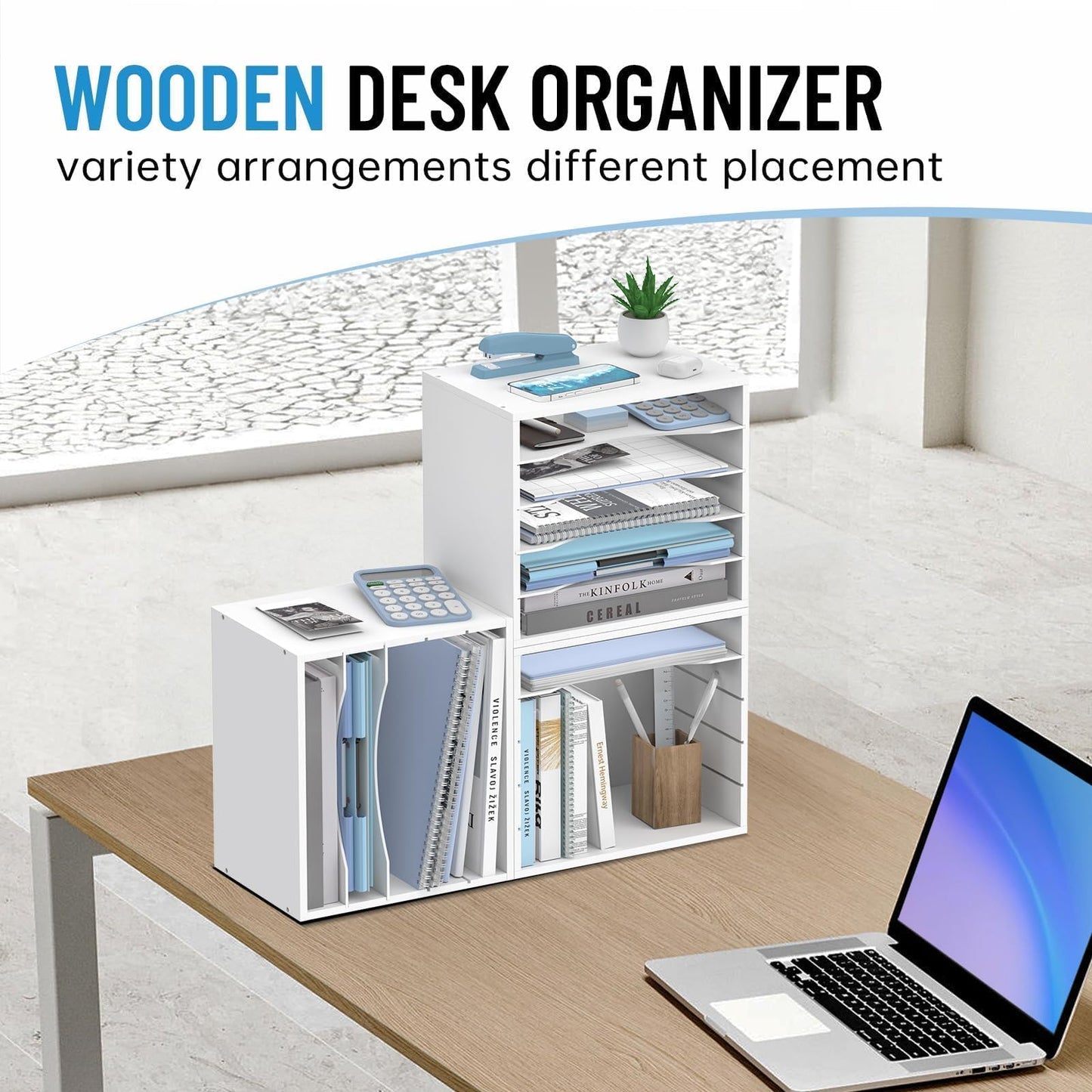 SHARKWOODS 5-Tier Wood Desk Organizer, Paper Sorter for Desktop with Adjustable Storage Shelves, Desktop Mail Holder for Office Home Classroom, White