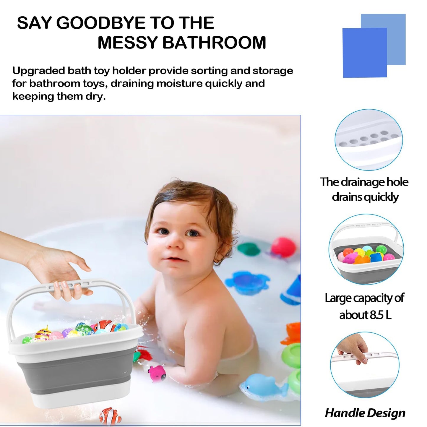 Bath Toy Storage Organizer - Foldable Bath Toy Holder for Bathtub, Bathtub Toy Storage with Removable Drying Base, Bathroom Toy Storage with 2 Hooks