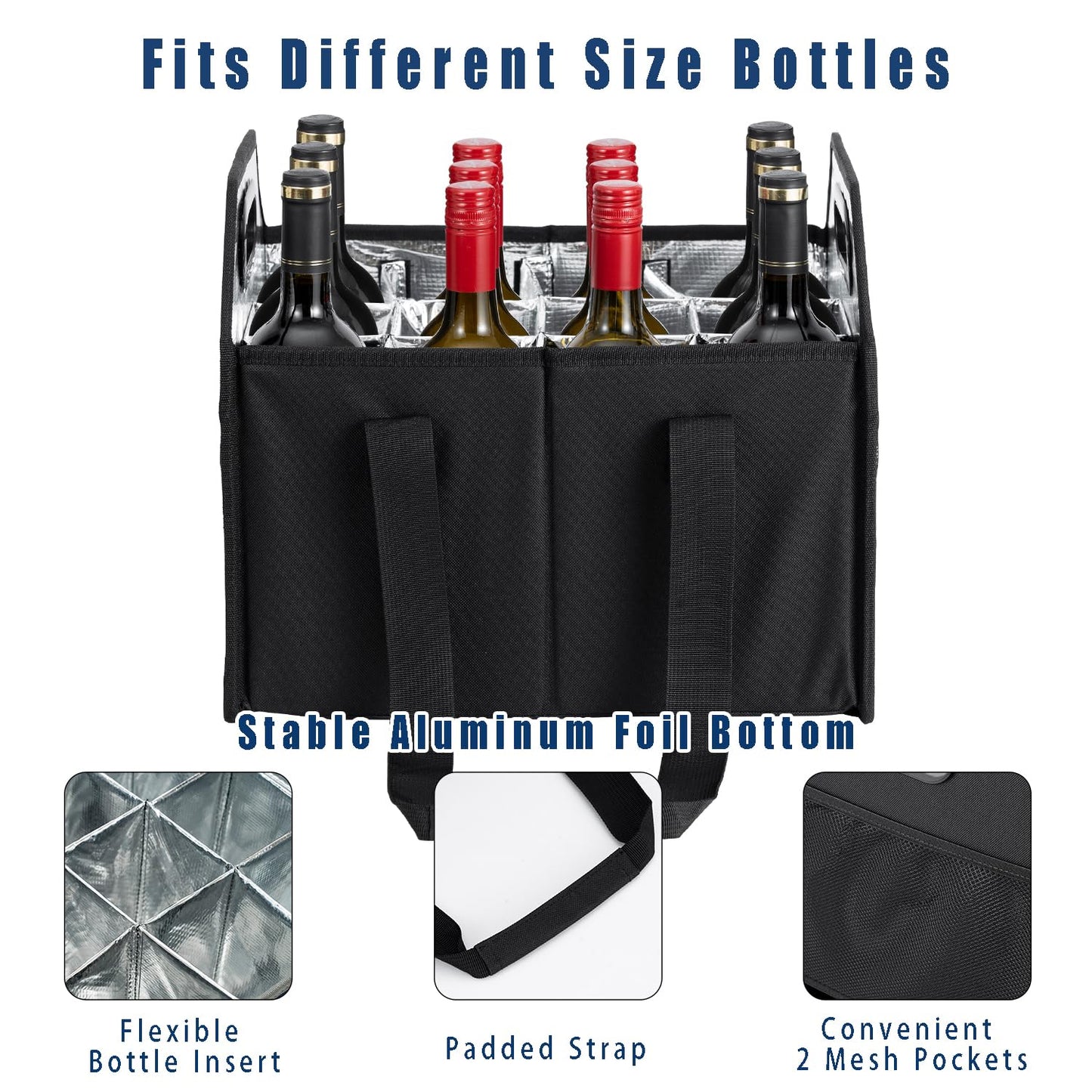 LUILANC Collapsible 12 Bottle Wine Carrier - Reusable Portable Storage Box for Tote Bag, Moving, Vacation, Bottle Caddy, Grocery Shopping, Wine Tasting (Black)
