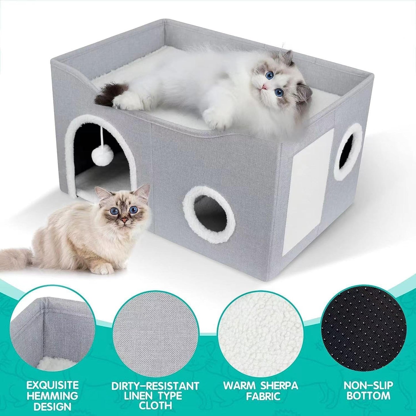 Large Cat House Indoor, Lavish Cat Cave Bed for Big Cats, Collapsible Hideaway with Scratching Area, Enclosed Cat Bed for Indoor Cats (Extended Dark Gray, Large Size)