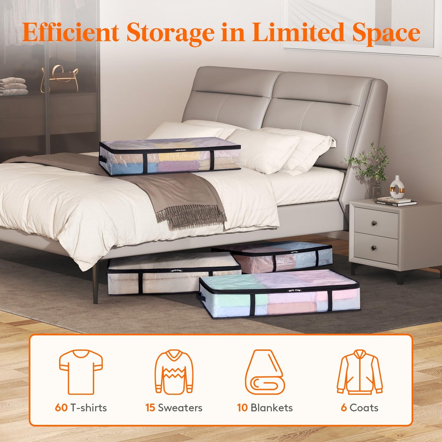Lifewit 4 Pack Under Bed Storage, Large Clear Plastic Storage Bags, Clothes Storage Boxes Wardrobe Storage Organizer with Reinforced Handle Durable PP Fabric for Bedding Clothes Blanket, 60L