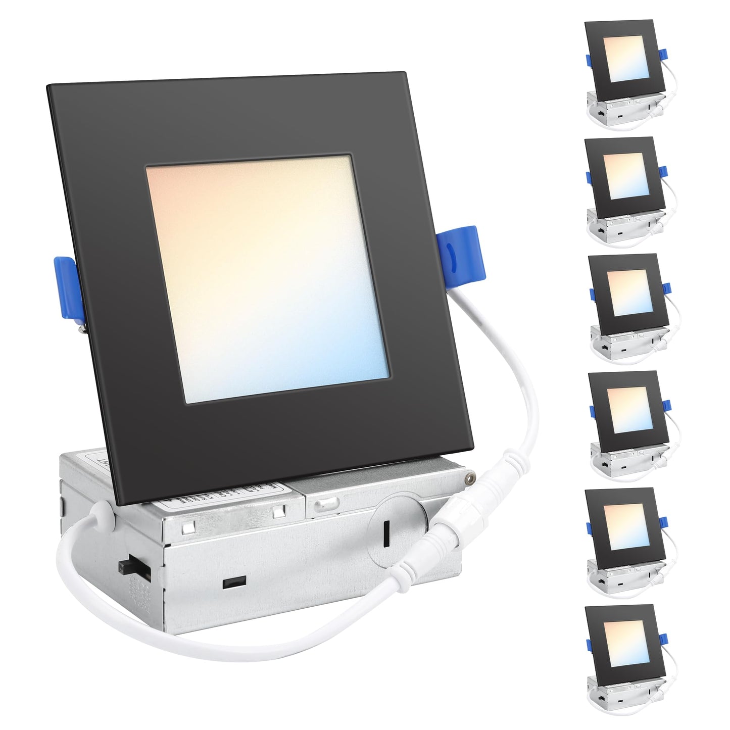 HONZIN Square LED Recessed Slim Pot Lights 4 Inch, 5CCT 2700K/3000K/3500K/4000K/5000K Selectable, 9W, IC Rated, Dimmable Square Black Trim with Junction Box (6 Pack)