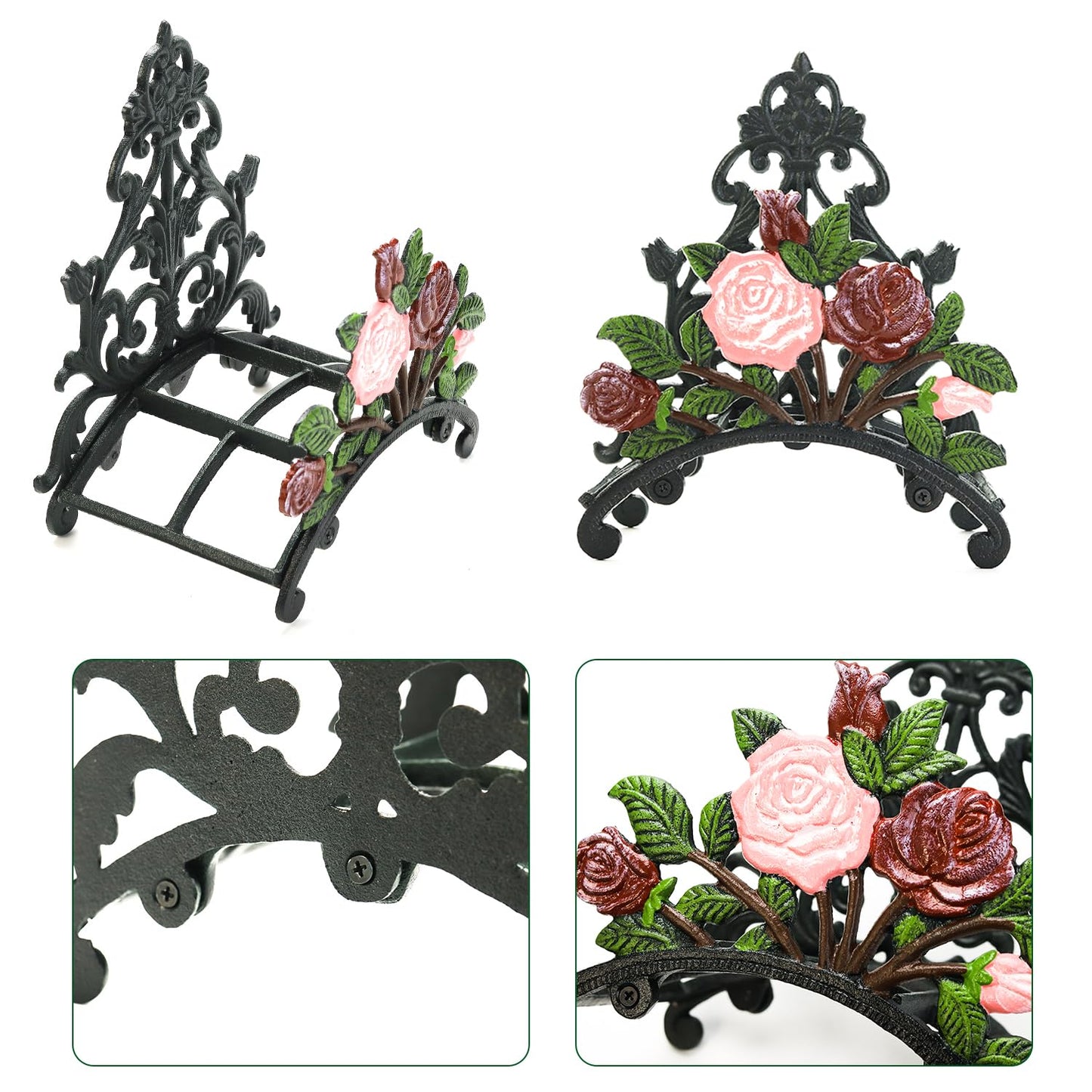 Sungmor Cast Iron Heavy Duty Garden Hose Holder - Decorative Hand-Painted Peony Wall Mounted Water Hose Hanger - Wall Decoration Hanging Hose Rack - Hose Reel Storage Butler - Metal Hose Stand