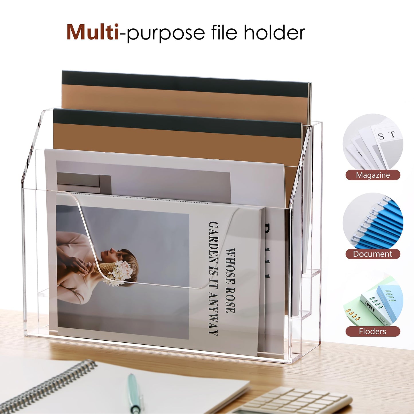 SANRUI Clear Acrylic Desk File Mail Organizer Wall Mounted, 3-Tier Hanging File Folder Holder, Office Magazine Document Rack