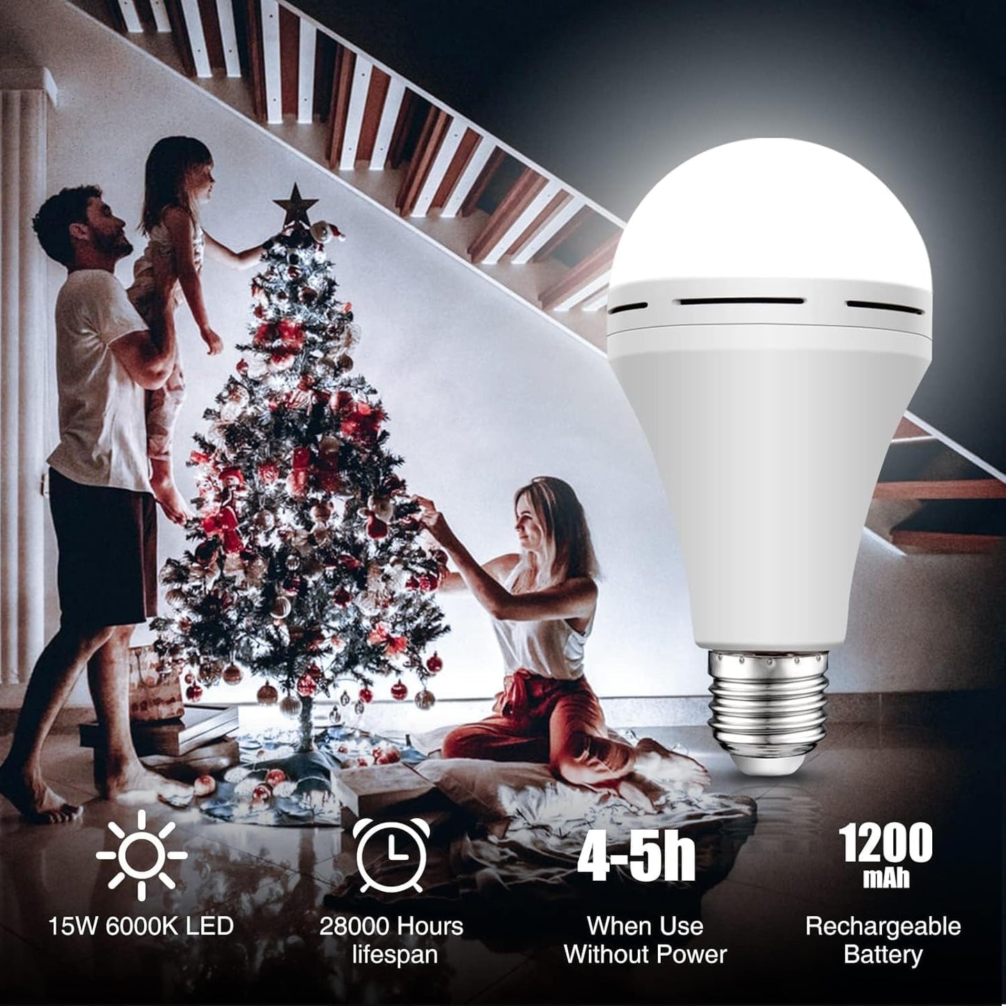 4 Packs Rechargeable Light Bulb, 15W 80W Equivalent LED 6000K Emergency Battery Light Bulb Stay Lights Up When Power Failure, 1200mAh Battery Operated Light Bulb for Home, Camping, Tent