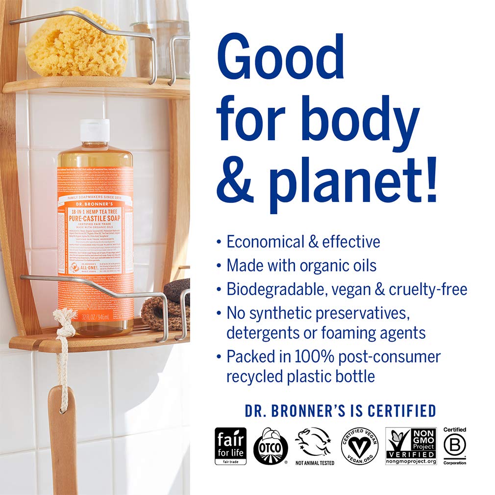 Dr. Bronner’s Pure-Castile Liquid Soap – Tea Tree Bundle. 946 mL Bottle and 59 mL Travel Bottle