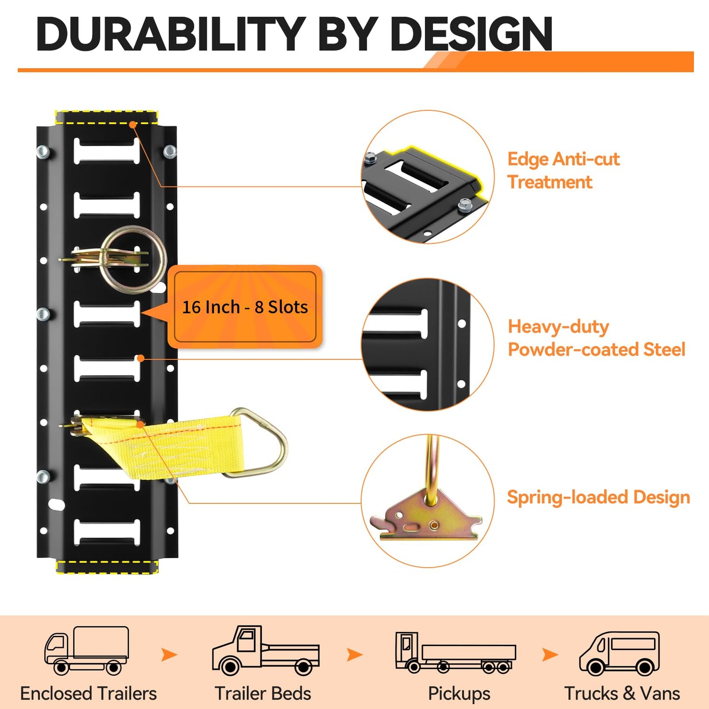 Elechomes E Track Tie-Down Rail Set: 4 Pack 16" E-Track Rails with 2 Ratchet Straps, 4 Rope Tie Offs, 4 O Rings, 4 J-Hooks, 2 Single Slot, 8 End Caps for Vans Trailers Motorcycles Garage Storage