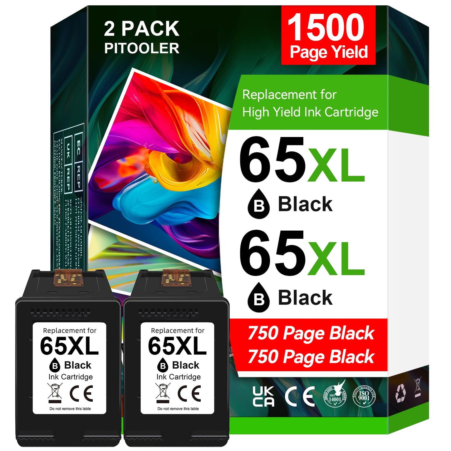 High Yield 65XL Ink Cartridge Black Compatible for HP 65 Ink Cartridges, Replacement for HP 65XL Black Ink Cartridge, Compatible for Envy 5055 5052 DeskJet 3755 3700 3752 Printer, 2 Pack (1500 Pages)