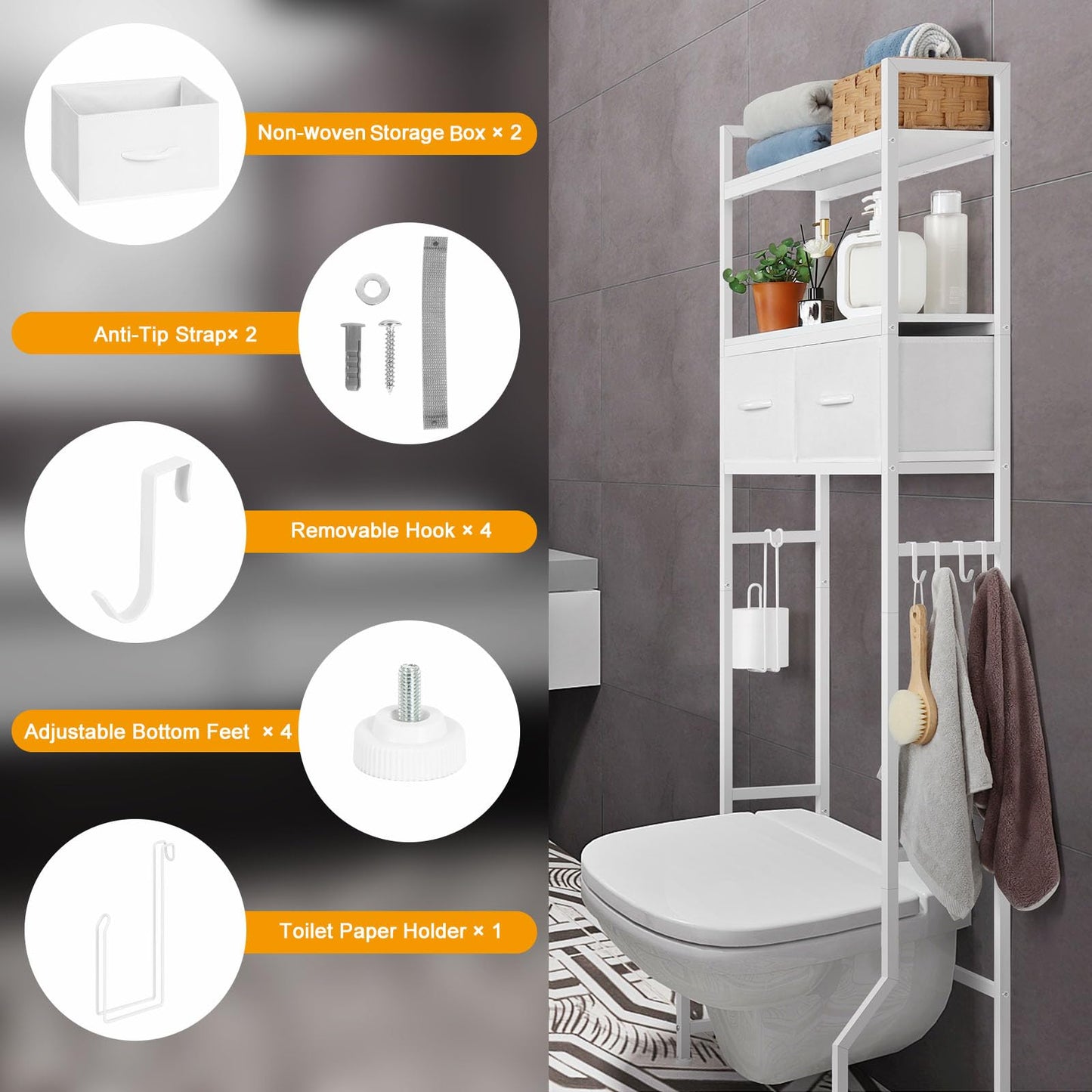 3-Tier Over The Toilet Storage Cabinet with Fabric Drawers Toilet Shelf Organizer with 4 Hooks Freestanding Bathroom Space Saver White
