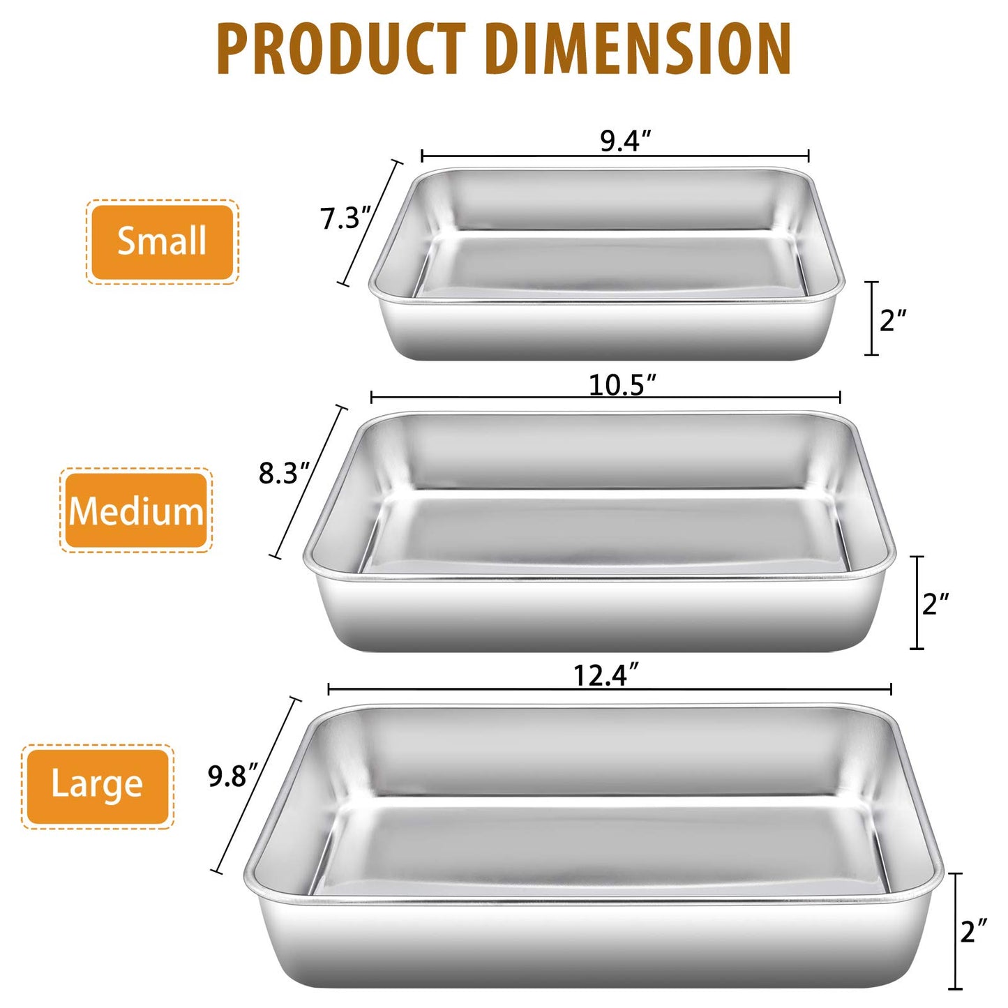 Baking Pans Set of 3, E-far Stainless Steel Sheet Cake Pan for Oven - 12.5/10.5/9.4Inch, Rectangle Bakeware Set for Cake Lasagna Brownie Casserole Cookie, Non-toxic & Healthy, Dishwasher Safe