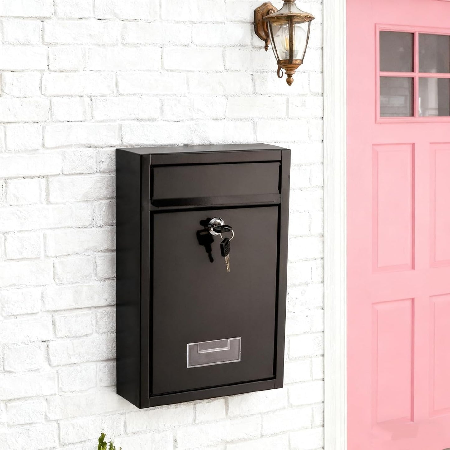 DEAYOU Wall Mount Mailbox, Steel Cover Metal Drop Box, Mail Box with Key Lock, Dropbox with Slot for Envelope, Home, Outside, Office Business, Decor, 12.6" H x 8.5" L x 3.3" W, Black