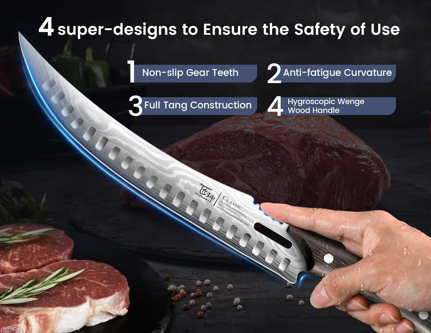 SYOKAMI Butcher Knife, 10.5 Inch High Carbon Japanese Style Carving Knife with Wood Full Tang Handle, Damascus Pattern, Razor Sharp Breaking Knife with Gift Box Ideal for Thanksgiving Day, BBQ