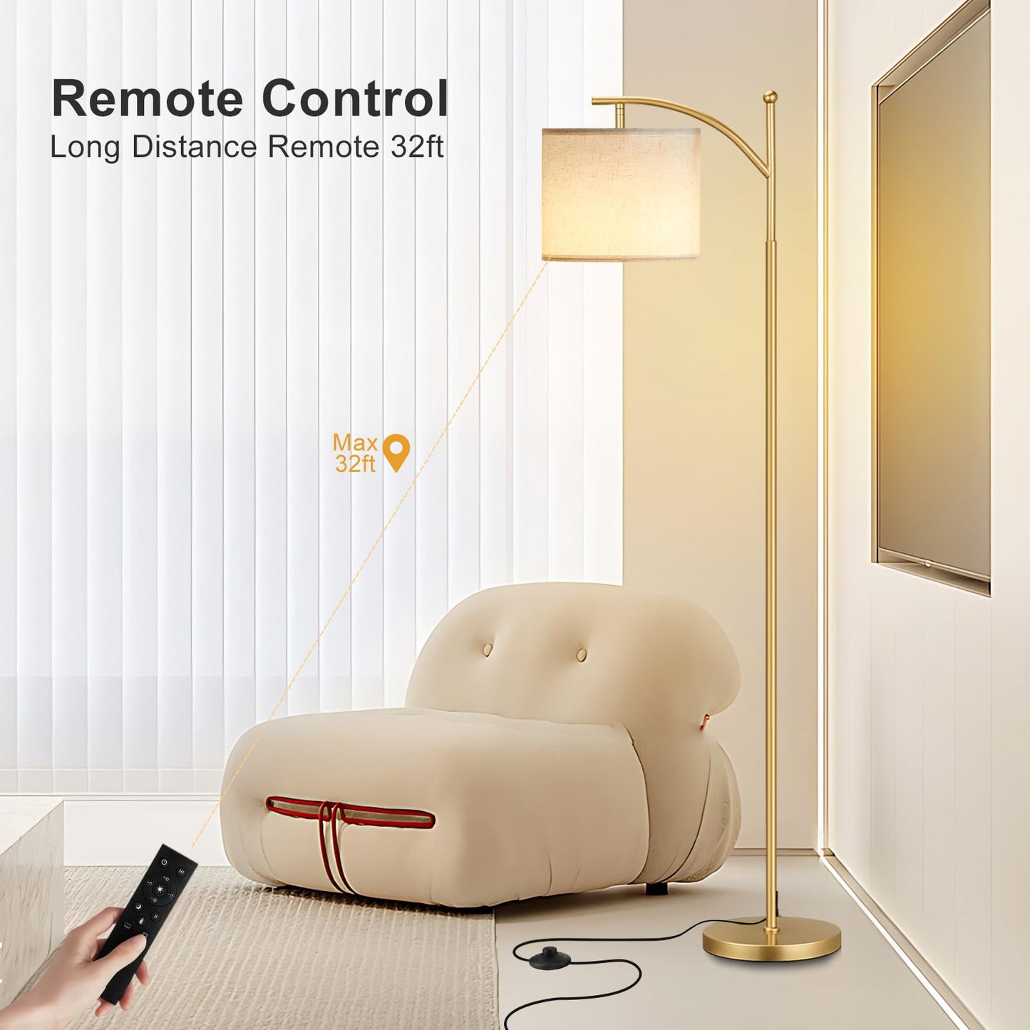 Ambimall Floor Lamp with Remote Control, Brightness and Colors Temperature Adjustable, Rotating Shade, Bulb Included, Modern Floor Lamps for Living Room, Bedroom, Office (Light Beige and Gold)