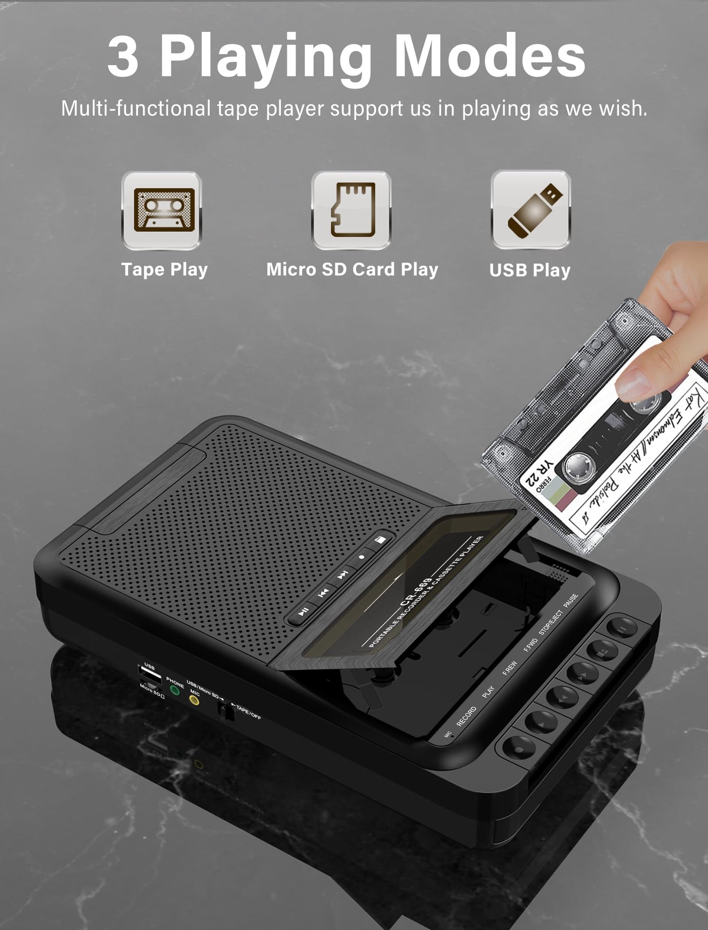 Cassette Player Converter, Portable Cassette to MP3 Music via U Disk/SD Card or PC, Record to Cassettes/USB/SD Card via Mic,Cassette Tape Player with Headphone Jack,Retractable Handle (Black)