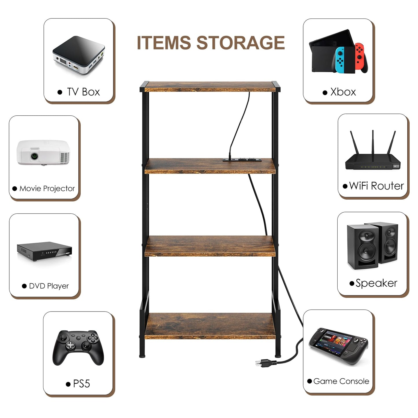 Arbuxzuy 4-Tier AV Media Stand with Power Outlet and LED Lights,Wooden Stereo Stand Cabinet,Game Console Shelf for Small Space,Audio Rack Stand Tower Ideal for Video DVD Players,Xbox