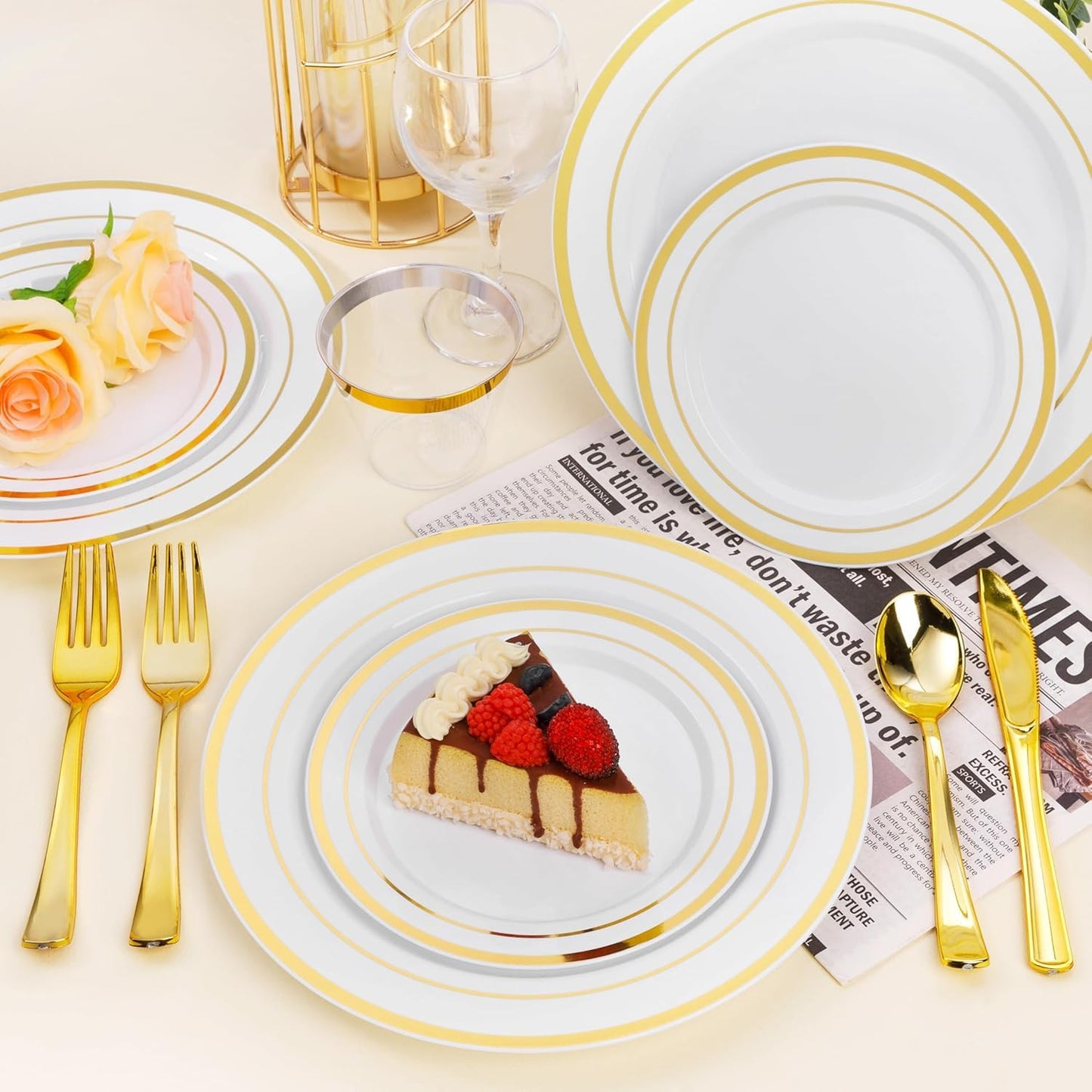 Goodluck 100PCS Gold Plastic Plates, 10.25 Inch Disposable Dinner Plate Party with Gold Rim, Heavy Duty Disposable Plastic Plates for Party, Wedding and Birthday