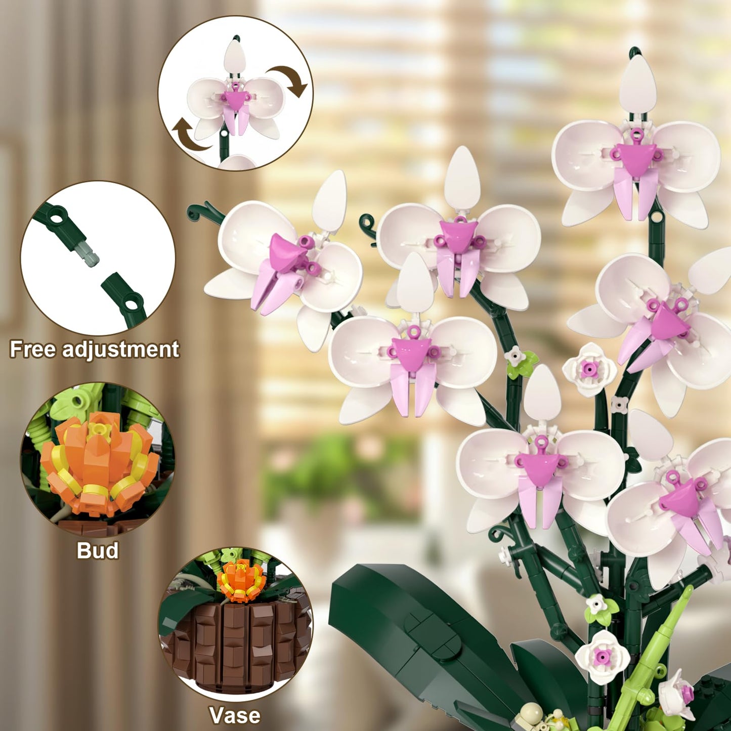 1004 Pieces Flower Building Blocks Set, Artificial Orchid Toy Building Sets with Fairy Lights and Postcards, Creative Flower Construction Kits for Adults and Kids Aged 8-14, Ideal present for Festival