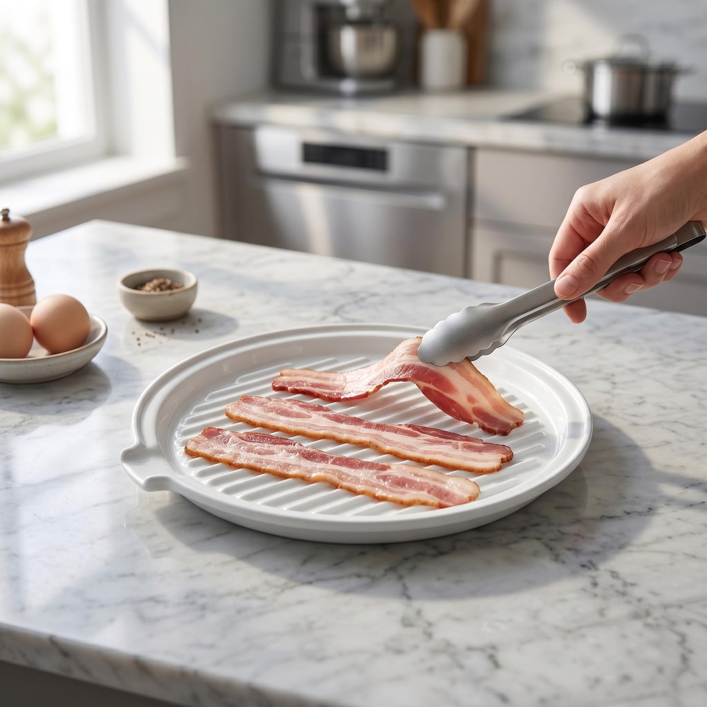 ONEMORE Microwave Bacon Tray with Lid Ceramic Bacon Cooker Meat Rack for Oven Cooking Crispy Bacon Maker with Cover - 10.5 inch Round Bacon Dish Plate, White