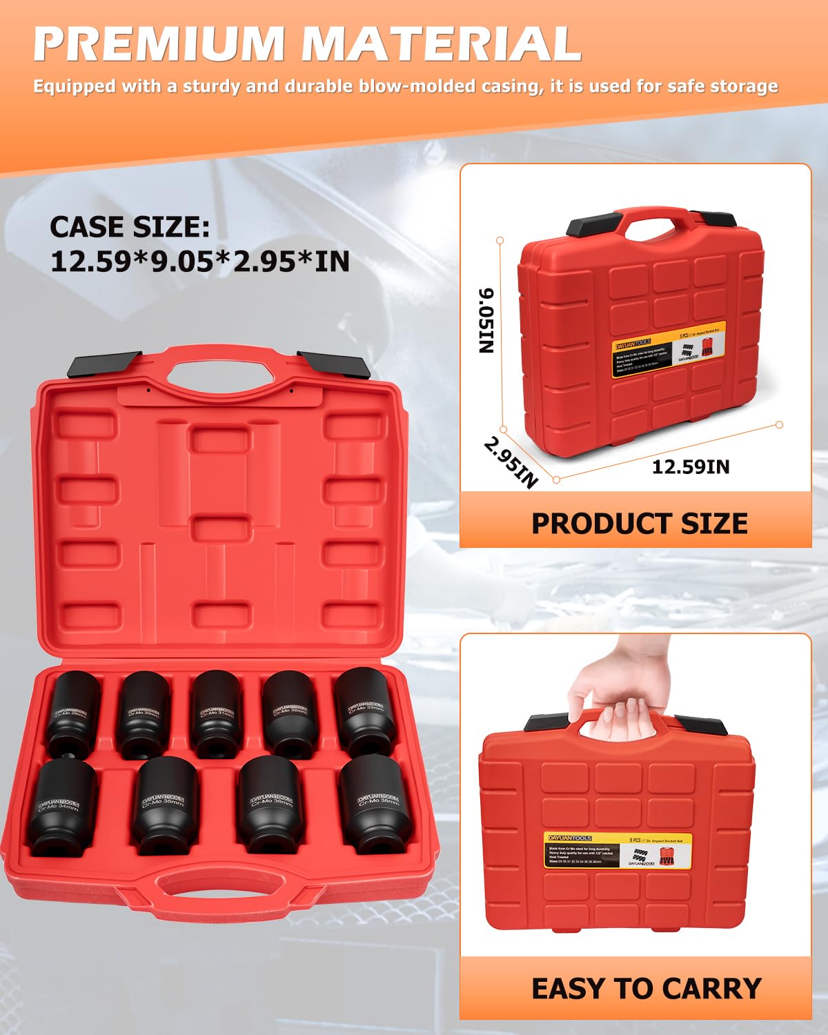 DAYUAN 9 Pcs Axle Nut Hub Impact 1/2- Inch Drive Socket Set 29mm 30mm 31mm 32mm 33mm 34mm 35mm 36mm 38mm
