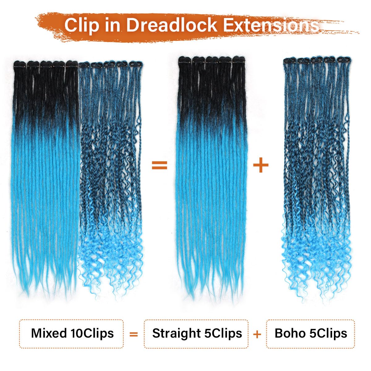 Sangtok 10 PCS Mixed Clip in Dreadlock Extensions, 24 inch Synthetic Dreads Extensions, Thin Straight Dreadlock for Women, 1b-blue