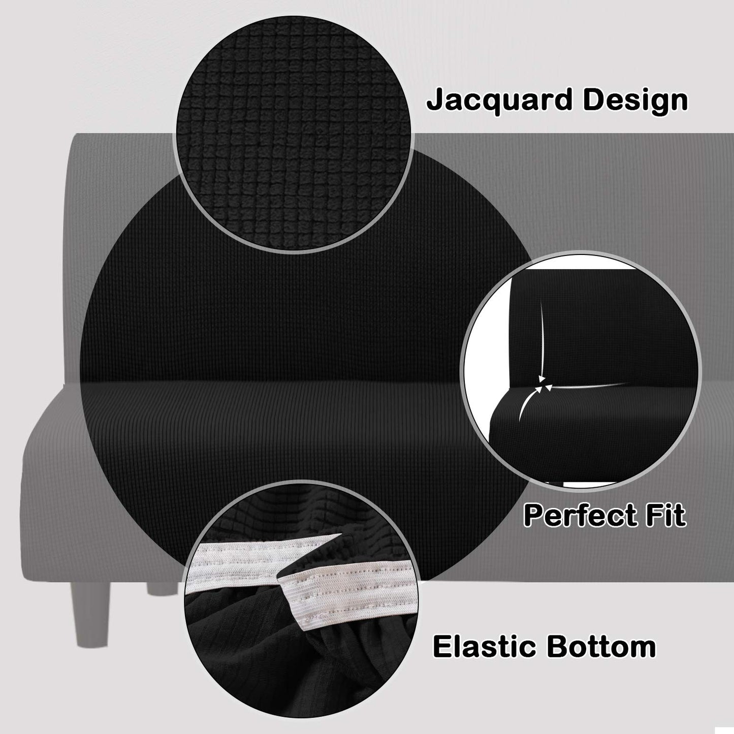Turquoize Futon Cover Stretch Armless Sofa Slipcover Spandex Non Slip Soft Couch Sofa Cover Without Arms Futon Slipcovers for Living Room Furniture Protector with Elastic Bottom, Black