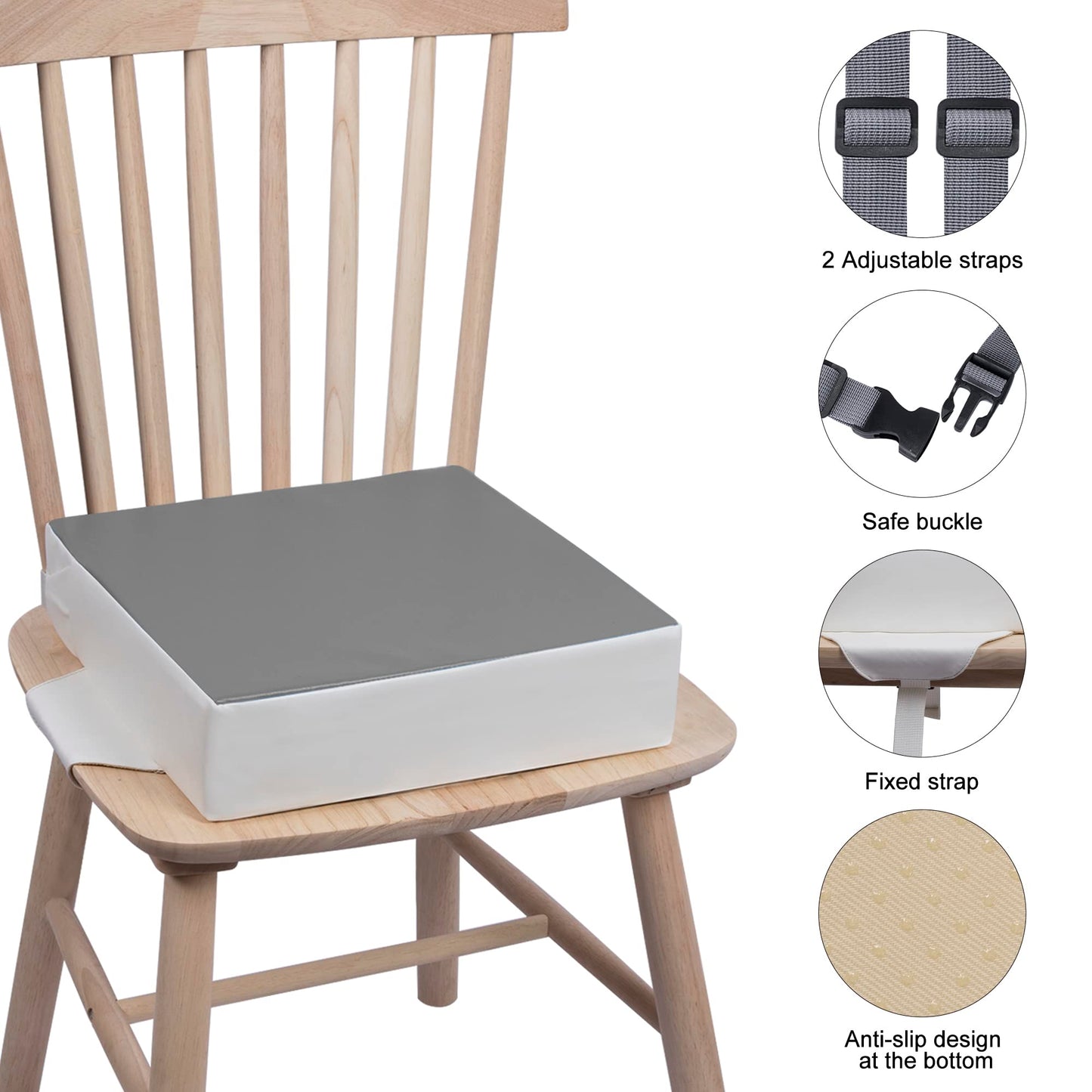 Kalawen Booster Seat for Eating, Upgraded PU Washable Straps Safety Buckle Toddler Booster Seat for Dining Table Portable,Gray