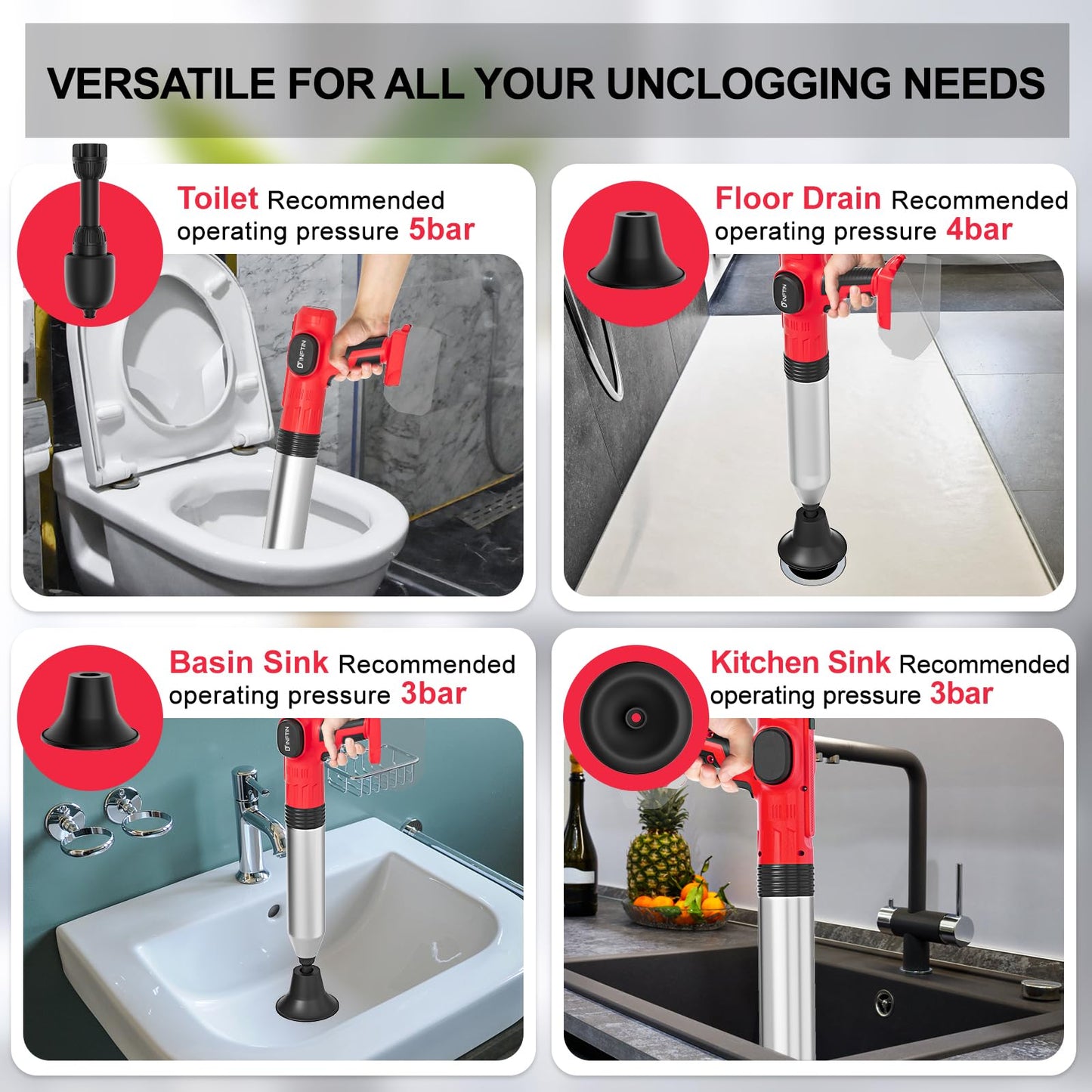 Dinftin Cordless Electric Toilet Plunger Pro Compatible for 18V Li-ion Battery (Battery Not Included) - Heavy Duty Unclogger with High Pressure & 3 Interchangeable Heads for Toilets, Sinks, Bathtubs