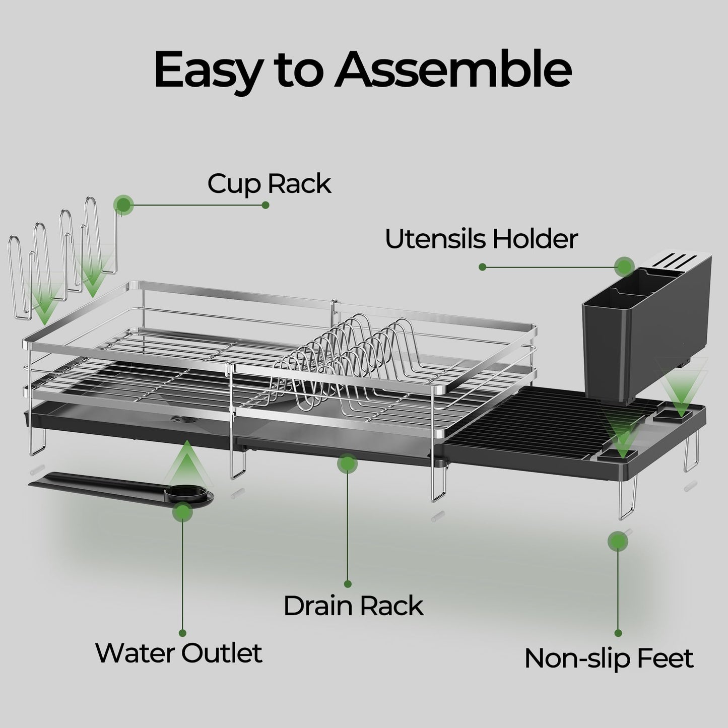 Large Dish Drying Rack, Expandable Dish Rack, Stainless Steel Anti-Rust Dish Racks for Kitchen Counter, Multifunctional Dish Drainer with Utensil Holder & Cup Holder, 13.4"-28.7" L x 11.8" W (1 Tier)