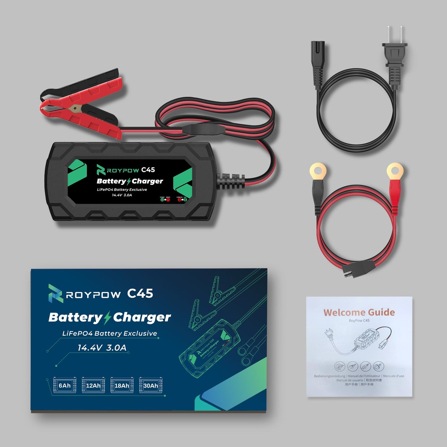 RoyPow 12V LiFePO4 Battery Charger, 14.4V 3Amp Automatic Trickle Battery Charger, 12V Lithium Battery Charger, 3A Battery Maintainer for 12.8V LiFePO4 Battery with Alligator Clamp and Ring Terminal