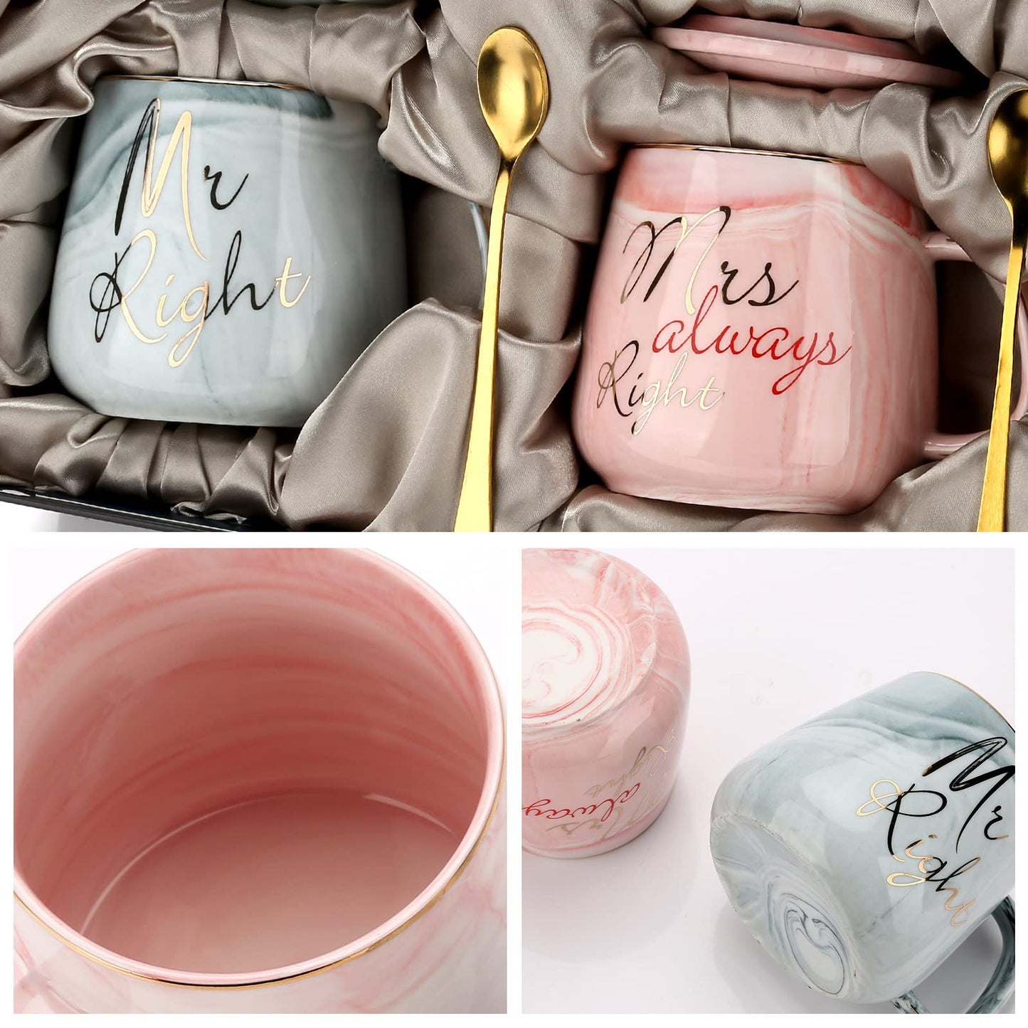 Mr and Mrs Couple Coffee Mugs - Best Wedding Gift Bridal Shower Engagement Gifts Set for Bride, Anniversary Birthday Valentine's Day Housewarming Gift Ideas, Unique 14 Oz Ceramic Marble Couple Gifts