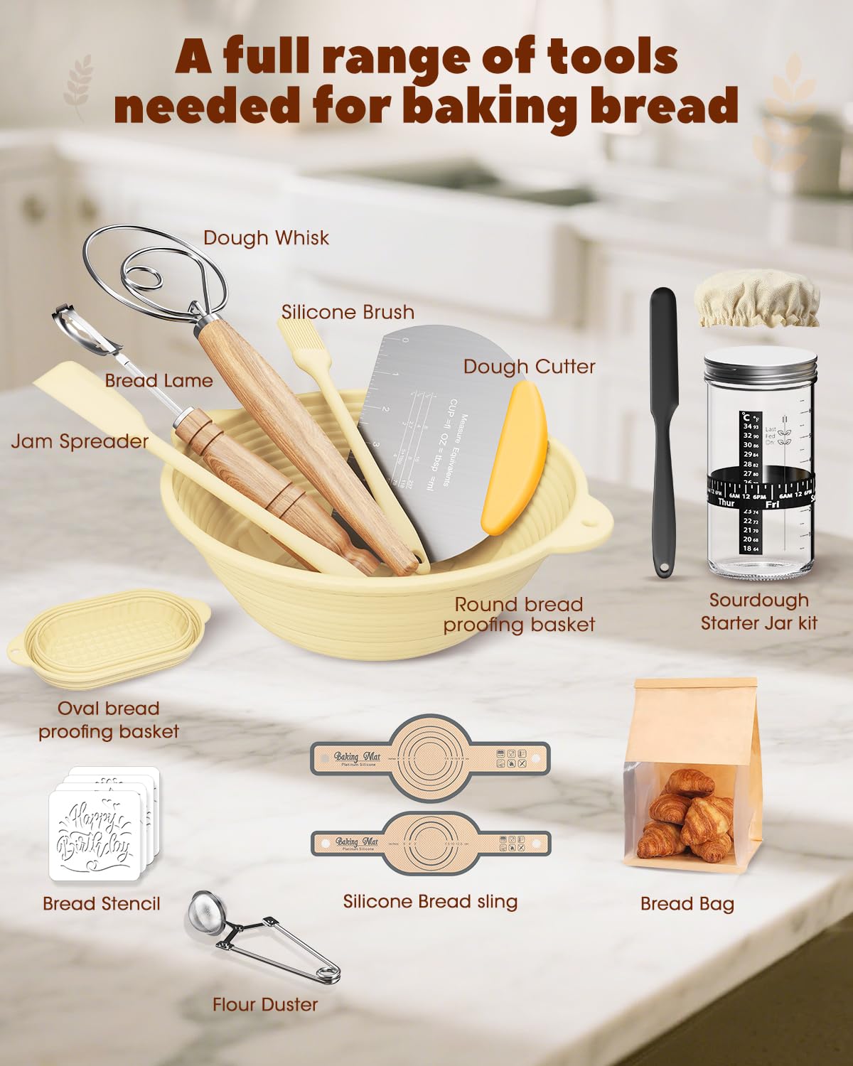 30 Pcs Sourdough Starter Kit,MQFORU Sourdough Bread Baking Supplies with 10" Round & 10" Oval baskets,Silicone Sourdough Bread Kit,Sour Dough Starter Kits for Bakers Wife Mom Women (Creamy yellow)