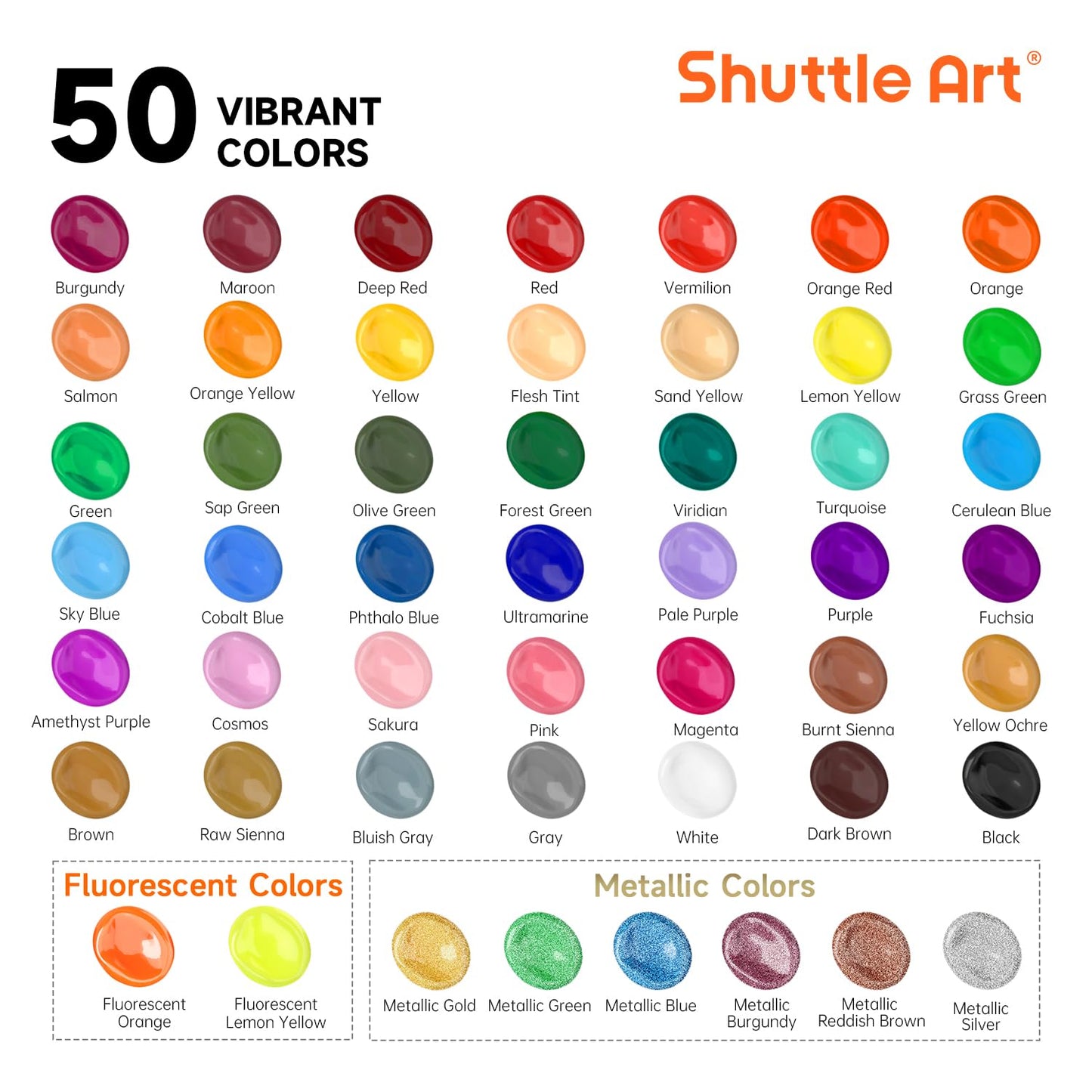 Shuttle Art Acrylic Paint, 50 Colors Acrylic Paint Set, 2oz/60ml Bottles, Rich Pigments, Water Proof, Premium Acrylic Paints for Artists, Beginners on Canvas Rocks Wood Ceramic Fabric