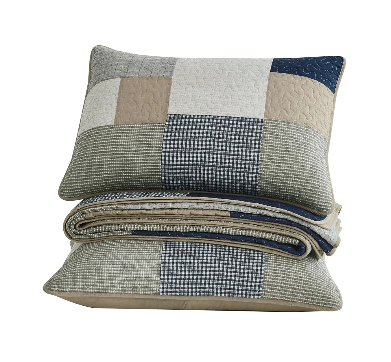 Chezmoi Collection Addy 3-Piece Navy Blue White Gray Taupe Plaid Patchwork Quilt Set - Pre-Washed Cotton Coverlet - Lightweight Reversible Bedspread, Queen Size